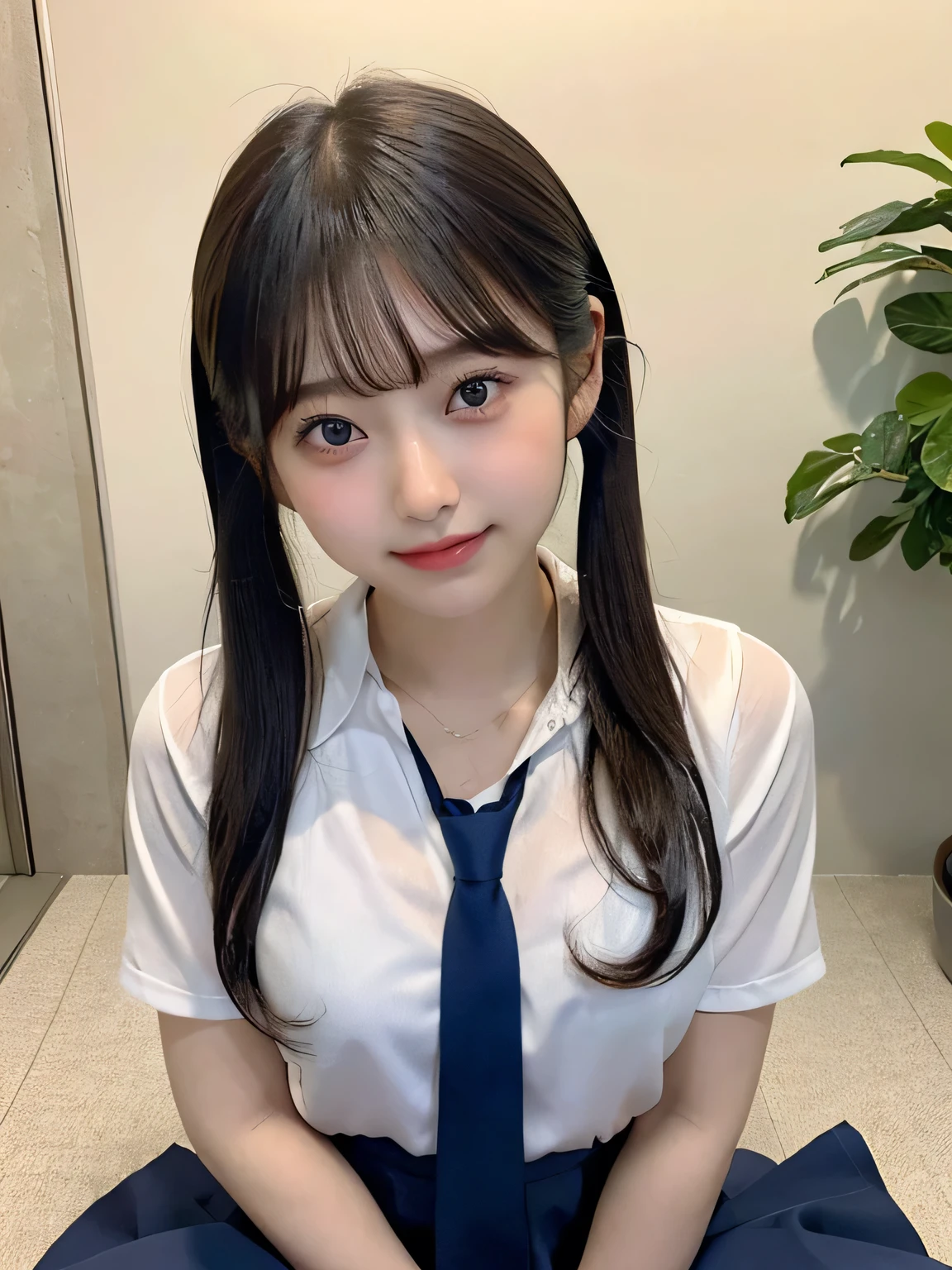 Japanese Girls、14-year-old girl、Short Twin Tails、bangs、Brown eyes、Perfect figure、Transparency、Gloss、Glamorous breasts、、Blue tie、White shirt、Navy Skirt、Hirotake、Burning body、Gravure idol pose、Light blue wall、Beautiful feet、Strong sunlight、dirty、雨にWet体、Wet,Sitting in a chair、I can see your thighs、smile