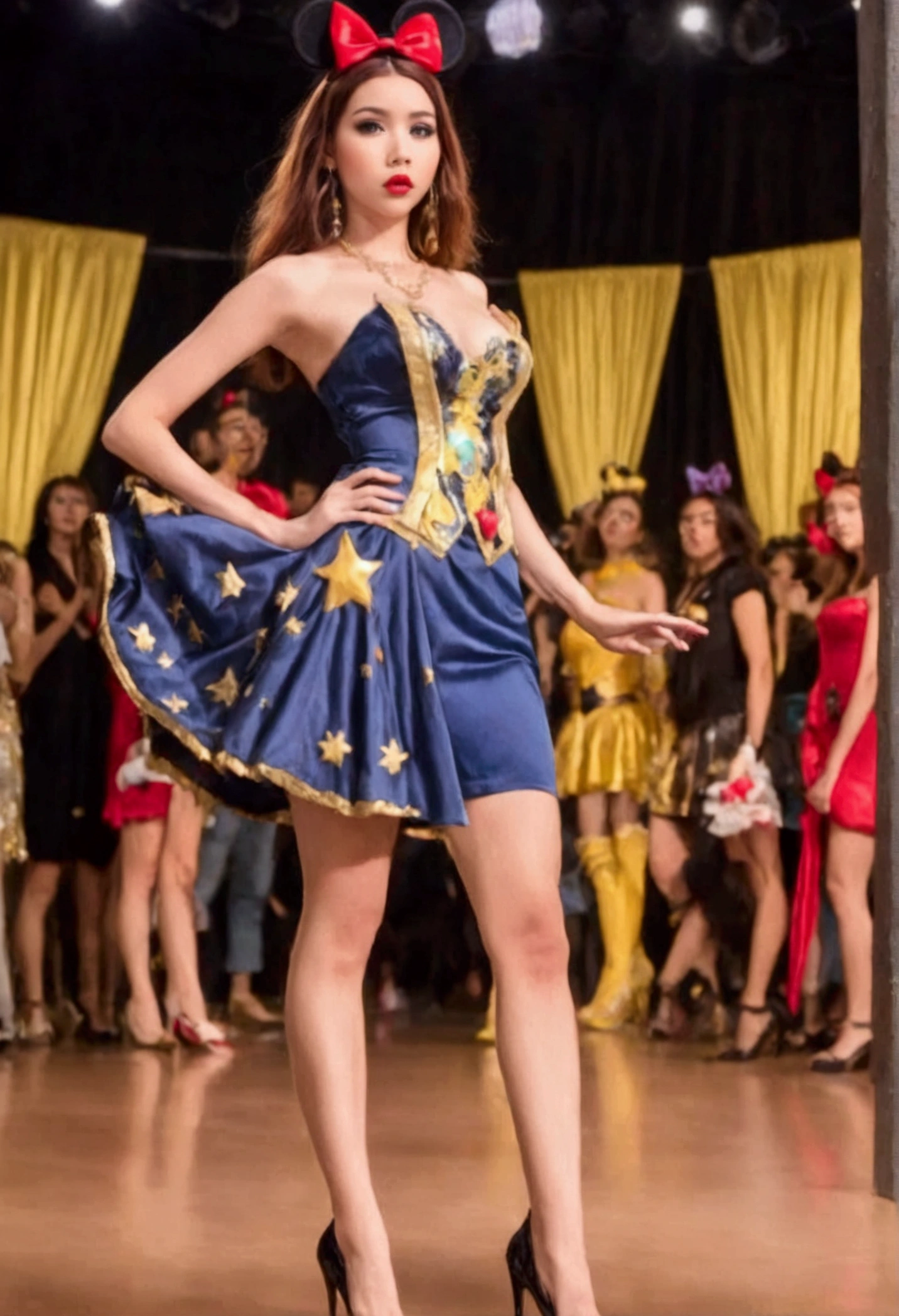 A cute woman (age 25, matching hair, disney character themed sexy outfit) is doing a disney themed fashion show, glamorous poses in the spotlight on the run way, show her full body