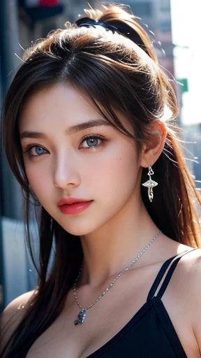 Urban beautiful girl college student, masterpiece, light makeup, Red lips, Silver Hair, Disheveled long hair, Street background, beautiful, elegant. Extremely fine detail, Master Works, Authentic texture, Realism in film lighting, Perfect job, 16K, High resolution, exquisite features,blue eyes、Japanese Idols、beautiful顔、Cute Smile、Brown Hair、beautiful hair、ponytail、glamorous、 Big Breasts、Erect nipples、Greasy muscles、Glowing Skin、Sunburned skin、黒くGlowing Skin、sexy camisole,Thong, Bright big eyes, Smooth Skin, Earrings, necklace, tattoo