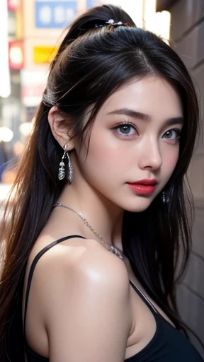 Urban beautiful girl college , masterpiece, light makeup, Red lips, Silver Hair, Disheveled long hair, Street background, beautiful, elegant. Extremely fine detail, Master Works, Authentic texture, Realism in film lighting, Perfect job, 16K, High resolution, exquisite features,blue eyes、Japanese Idols、beautiful顔、Cute Smile、Brown Hair、beautiful hair、ponytail、glamorous、 Big Breasts、Erect nipples、Greasy muscles、Glowing Skin、Sunburned skin、黒くGlowing Skin、sexy camisole,Thong, Bright big eyes, Smooth Skin, Earrings, necklace, tattoo