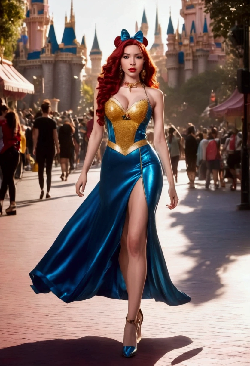 A cute woman (age 25, matching hair, disney character themed sexy outfit) is doing a disney themed fashion show, glamorous poses in the spotlight on the run way, show her full body