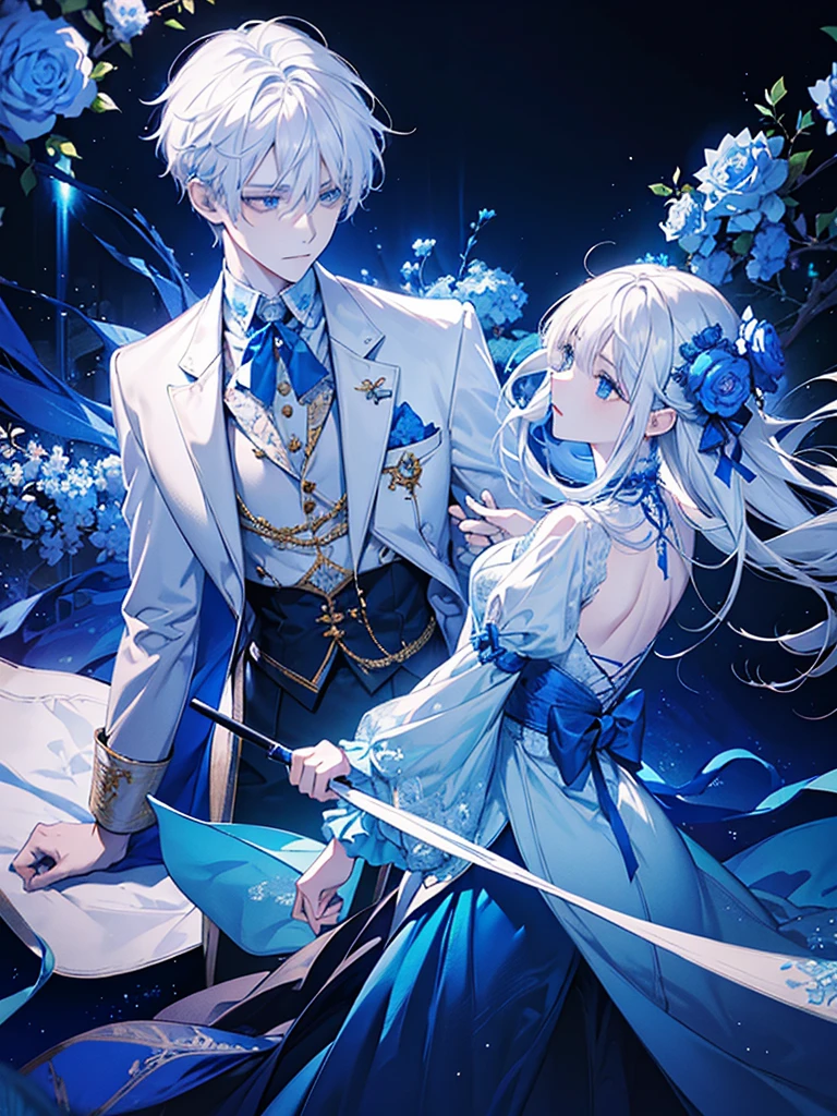 Create a stunning couple image for a cover picture. The boy should have striking white hair, wearing a sleek white t-shirt and a stylish white blazer, with captivating sky-blue eyes. The girl should have beautiful brown hair, flowing naturally, and wearing a soft, elegant outfit that complements the boy's attire. They should be standing close together, sharing a moment of gentle connection. In the background, incorporate an intricate design of blue flowers and soft, glowing light to create a serene and enchanting atmosphere. The overall aesthetic should be dreamy and romantic, perfect for a captivating cover picture.