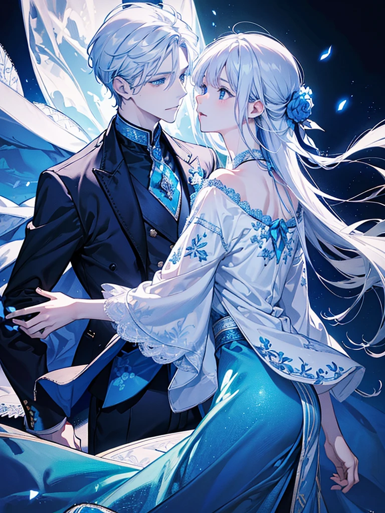 Create a stunning couple image for a cover picture. The boy should have striking white hair, wearing a sleek white t-shirt and a stylish white blazer, with captivating sky-blue eyes. The girl should have beautiful brown hair, flowing naturally, and wearing a soft, elegant outfit that complements the boy's attire. They should be standing close together, sharing a moment of gentle connection. In the background, incorporate an intricate design of blue flowers and soft, glowing light to create a serene and enchanting atmosphere. The overall aesthetic should be dreamy and romantic, perfect for a captivating cover picture.