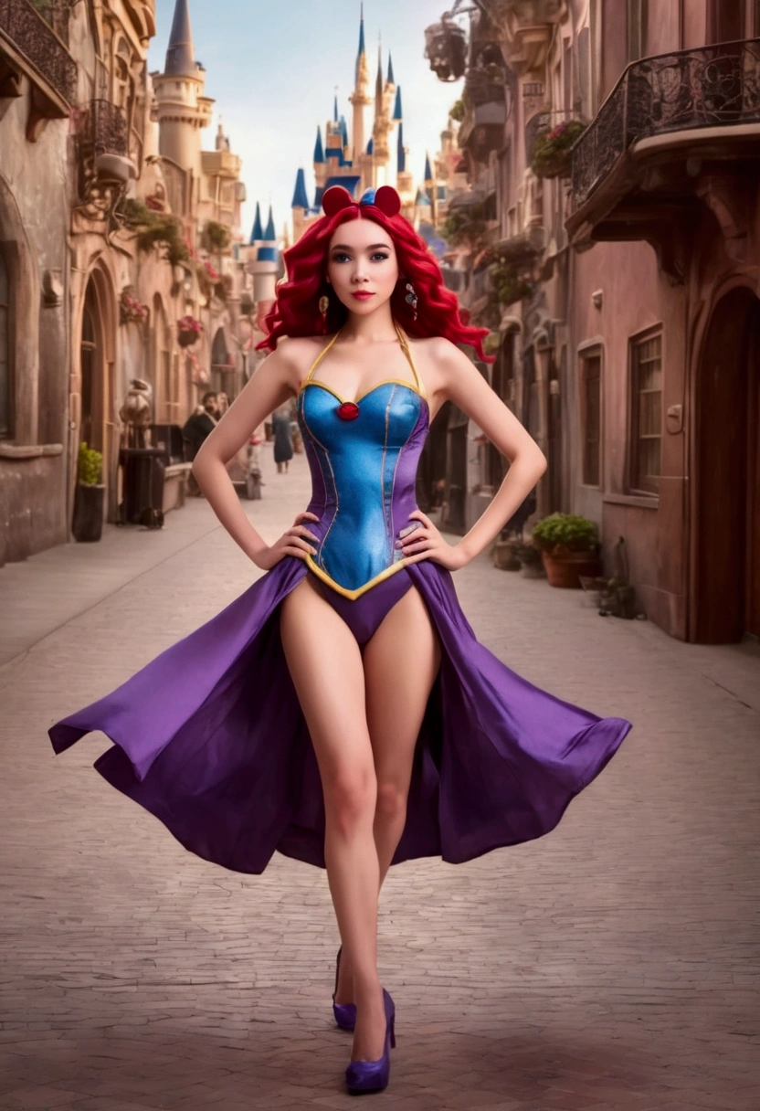 A cute woman (age 25, matching hair, disney character themed sexy outfit) is doing a disney themed fashion show, glamorous poses in the spotlight on the run way, show her full body