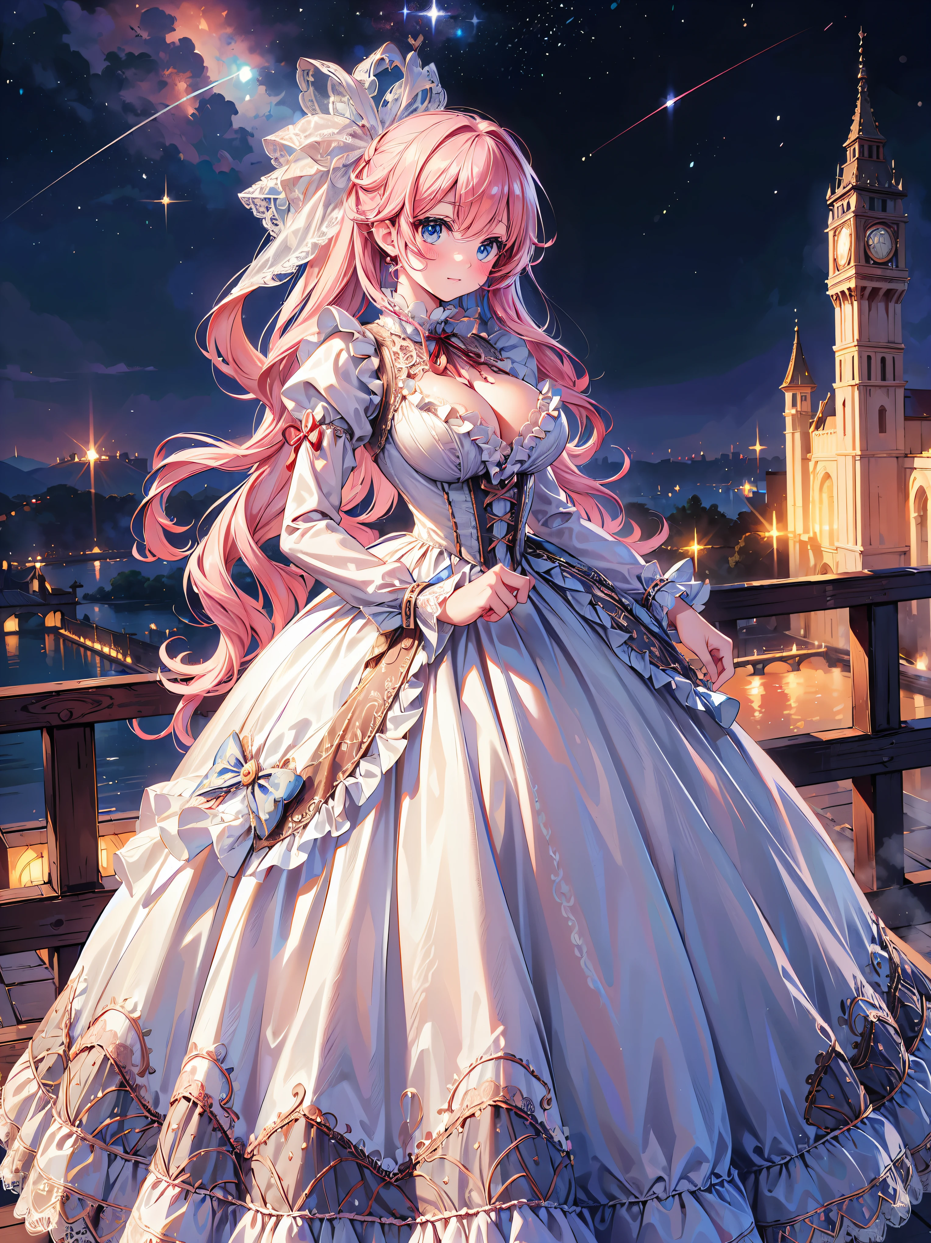 ((Superbly detailed drawing, ultra detailed, exquisite quality, absolutely resolution)), (((young face solo princess))), (((Unsurpassed gorgeous rococo victorian gown with voluminous huge hoopskirt and long hems, princess style skirt:1.5))), ((transparency gown, fluffy and full of pleats skirt:1.3)), (Super detailed and intricate exquisite design gown:1.5), ((overwhelming amount many ruffles with ribbons with intricate lace with Super detailed and intricate embroidery gown:1.9)), ((huge breasts, breasts cleavage)), (ponytail, fluffy long Expressive, hair pink hair), super voluminous long hair, hair ornament tiara, happy smile, ((curtsey)), (blurry background, depth of field:1.35), super detailed skin, super delicate and beautiful face, (eyes blue eyes), (backlighting, particle effect, caustics), (((sharp focus))), ((City of Water, night sky)), (magnificent panorama view, dynamic angle, dynamic pause:1.3), (((4 finger, 1 thumb))),