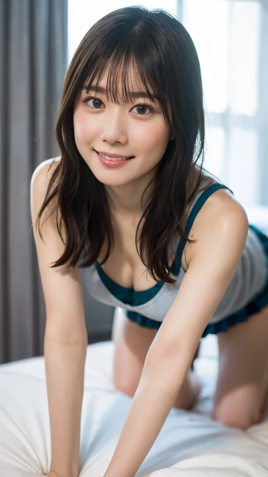 masterpiece, Highest quality, 8k, 20th Generation, hugeな胸, cute, alone, smile, cute, Girlish, Delicate girl, Pure beauty,  RAW Photos, Professional photography, Portraiture, Soft Light, Professional Lighting, Backlight, Upper Body, Front view, (On all fours, Hotel Rooms), Sophisticated, Film Grain, (Eye and facial details:1.0), Short floating hair, Beautiful, flowing hair, bangs, Cleavage、Completely naked, huge 、Do not publish,Big protruding butt, Standing Elegantly、beautiful thick legs