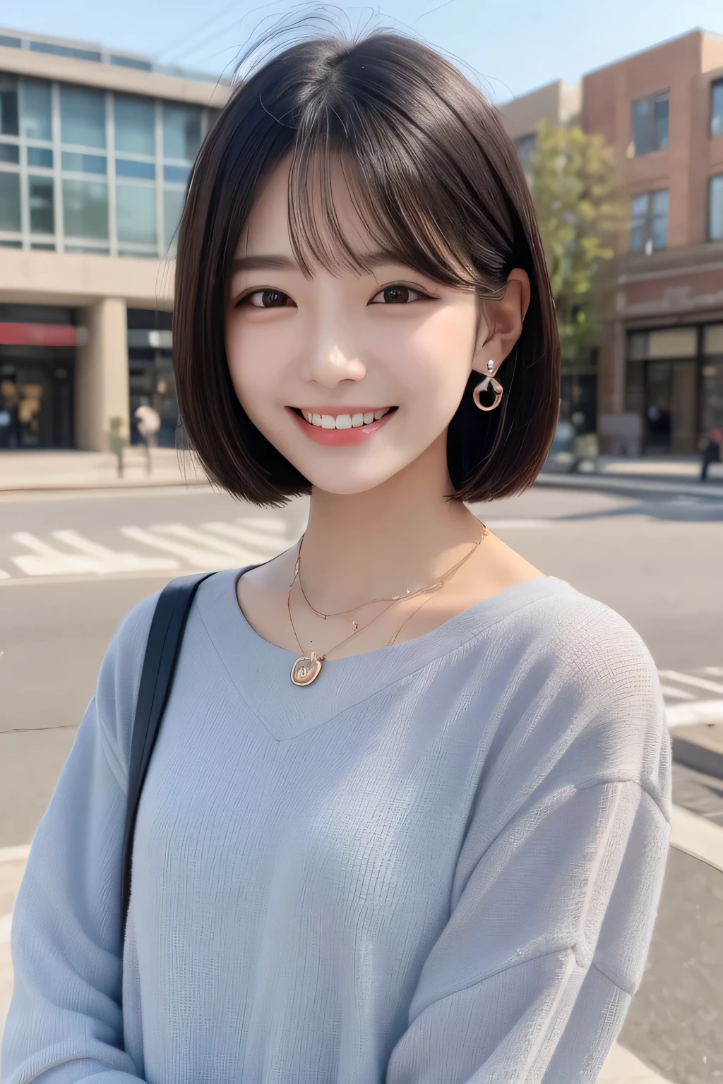 Highest quality, ,smile、Beautiful teeth alignment、巻き毛、Black Hair、Dark eyeliner、、Long sleeve blouse、ear piercing、necklace, , Face Focus、The background is the building&#39;s corridor.