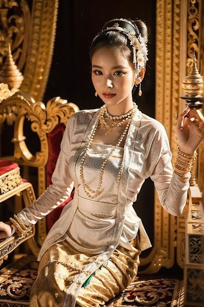 MMTD BURMESE PATTERNED TRADITIONAL DRESS WEAR BEAUTIFUL queen,WEAR PEARL NECKLACES AND GOLD BRACELETS,FULL BODY DETAILS BEAUTY, sitting in royal manner on the long golden traditional throne in golden palace, Myanmar traditional hair style,best composition, full view covered shot, cenimatic lightning and ultra realistic details, octane rendering, unreal engine, sharp focus,32k ,UHD resolution