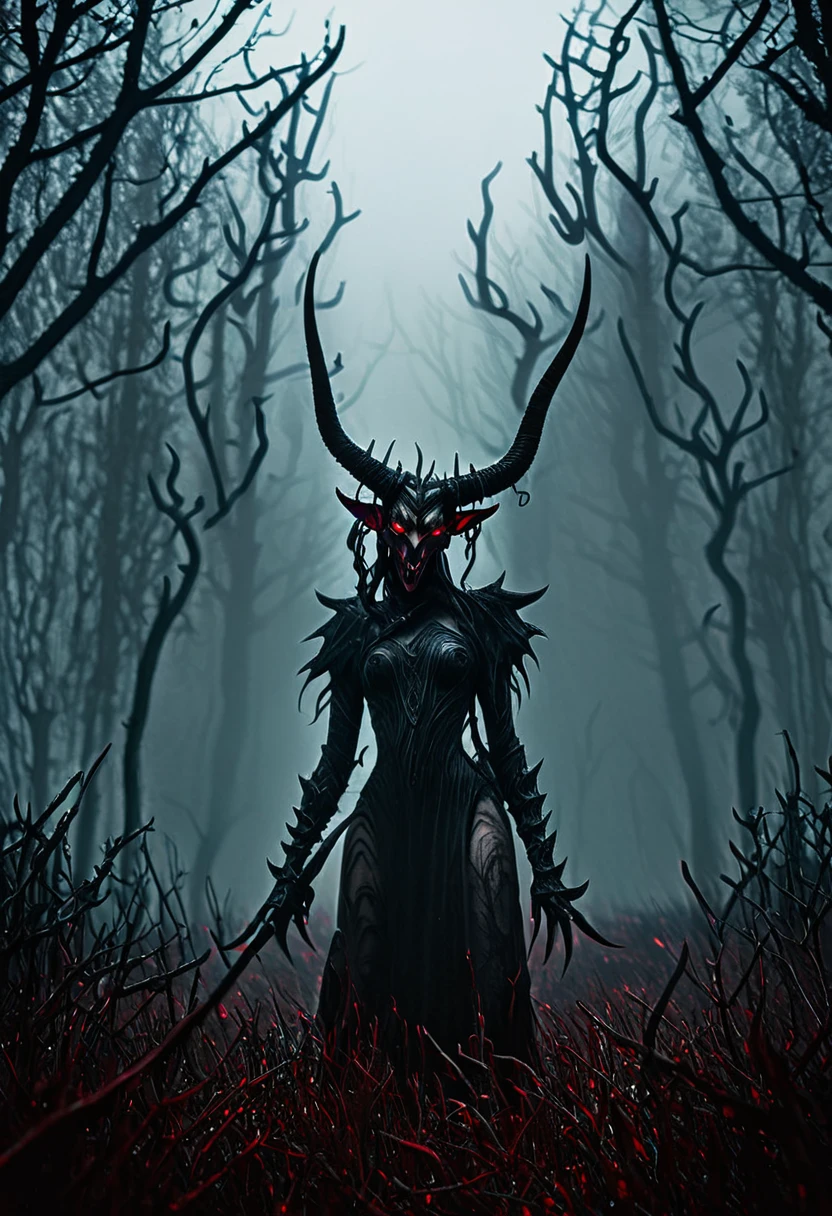 (detailed horns mask:1.2),(dark,evil) atmosphere,(mysterious,ominous,gritty) texture,1demonic character,sharp fangs,glowing red eyes,long sharp horns,pale skin,black claws,overgrown dark forest,ominous moonlight,heavy fog,spooky ambiance,bloody red color scheme,haunting shadows,creepy mist,horror genre,nightmarish,dynamic lighting,high contrast,ethereal feel,vivid colors