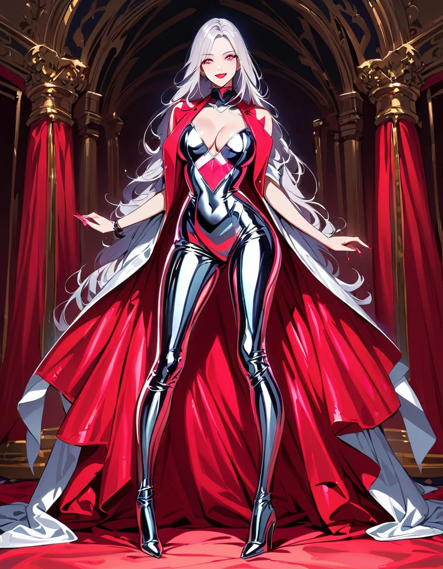 Young beautiful woman,(Highest quality,Extremely detailed depiction,Incredibly absurd high resolution,Anatomically accurate depiction,Curvy Legs),(Glowing Skin,Shiny skin),(Fashion Model,High gloss silver latex dress),eyelash,Flashy makeup,Pink Eyes,There is cleavage in the chest,Glossy Red Lips,Shadowed face,A seductive smile,whole body,(Walk the red carpet,)background:fashion show