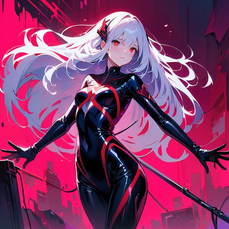 masterpiece, best quality, 8K, Digital painting, 1 girl, solo, stand up, youth, White hair, long white hair, hair accessories, red eyes, round pupils, Emotionless expression, blood stains, Mechanical Parts, electric wire, cable, failure effect, horrifying, science fiction, futuristic, Dark inside the background, neon lights, cyberpunk characters, Surreal, weird, Disturbing, spine-chilling, horrifying, jumpsuit,Red eyes,Venom Possession,blackened,Long black gloves,One-piece Pants,tight latex bodysuit,Highlight her graceful figure,wrap the whole body,symbiont,((Raised sexy)),jumpsuit,Red eyes,Venom Possession,blackened,Long black gloves,One-piece Pants,Black latex clothing,Blood-red eyes,best quality, High resolution, Super detailed, Vivid textures, mask, tight latex bodysuit, Bangs,purple hair, blue eyes