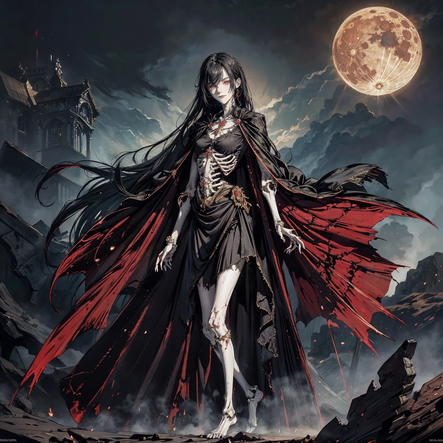full-body shot, best quality, 4K, high resolution, masterpiece, Very detailed, Mood lighting, An undead girl in a long cape, Whole body including hands & arms & legs & feet are all skeleton bones but except the head is still beautiful human face, Wearing a ragged gothic skirt, Aloofness emotion, Dangerous sneer, Beautiful but cruel smile, Black Hair, Standing, Facing the camera, Crucified, Pitch black sky, Blood-red moon, strange atmosphere, Gothic style, Unforgettable beauty, Dramatic shadows, Ethereal Light, Mysterious atmosphere.