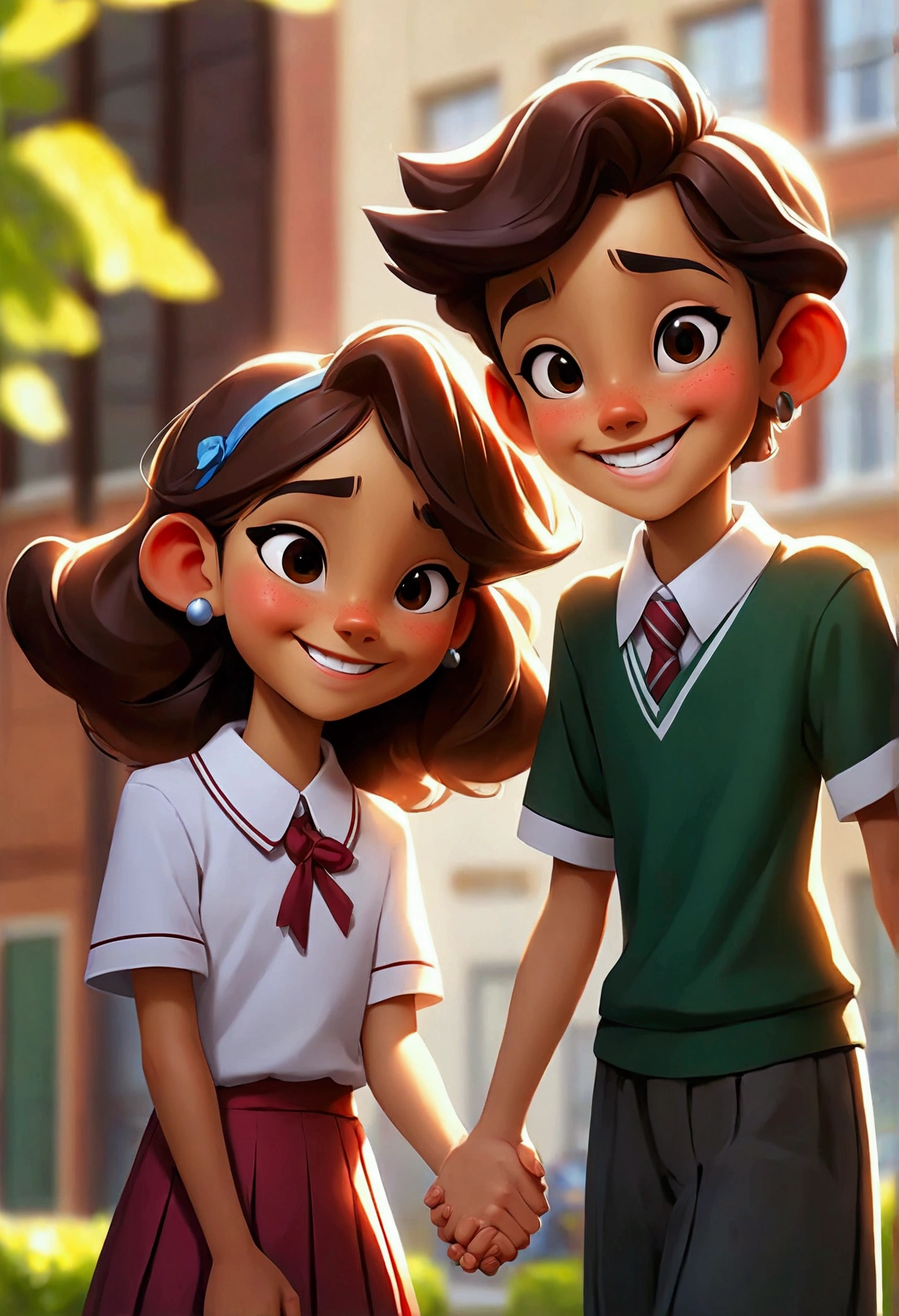 Smiling junior high school students holding hands
