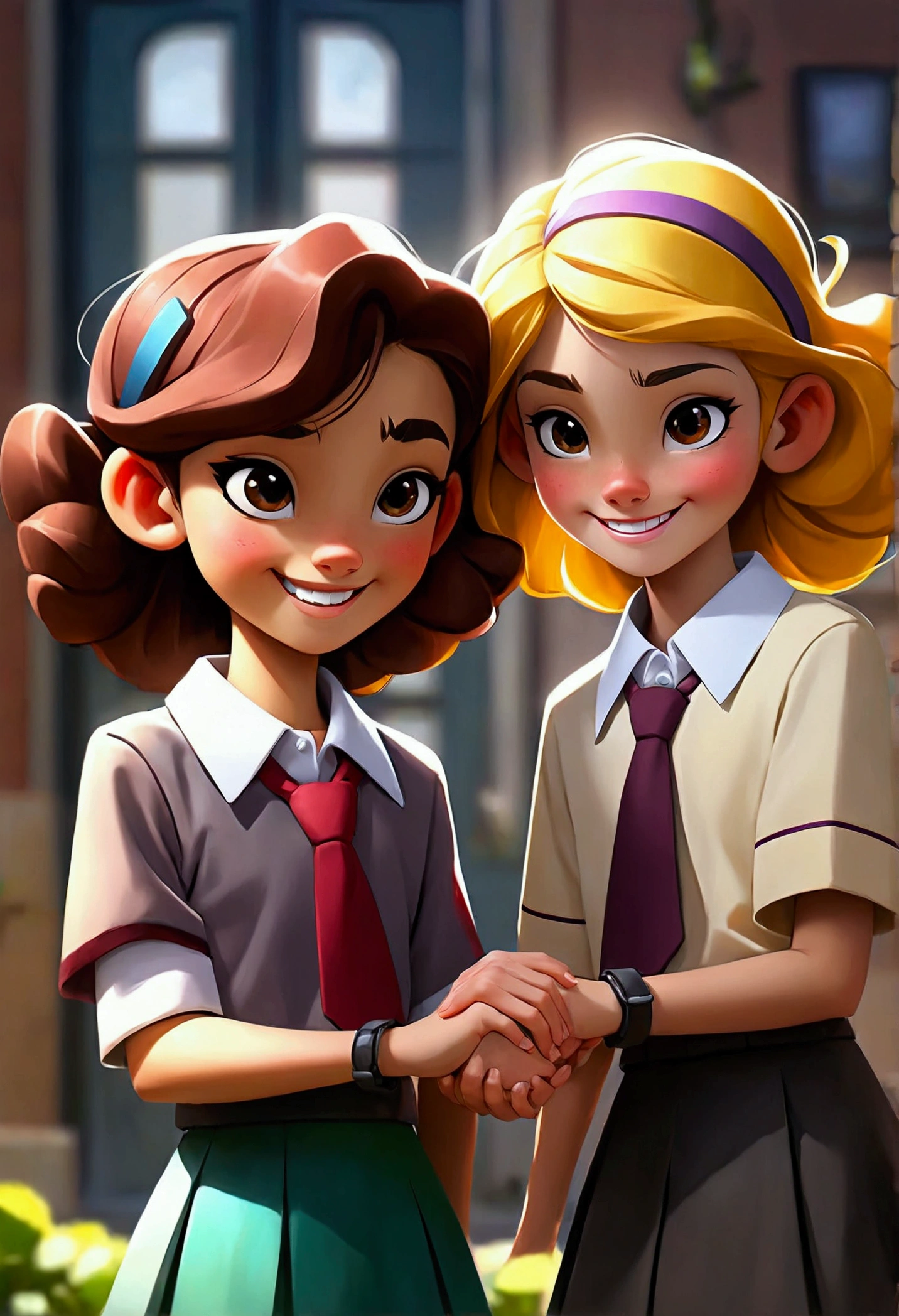 Smiling junior high school students holding hands