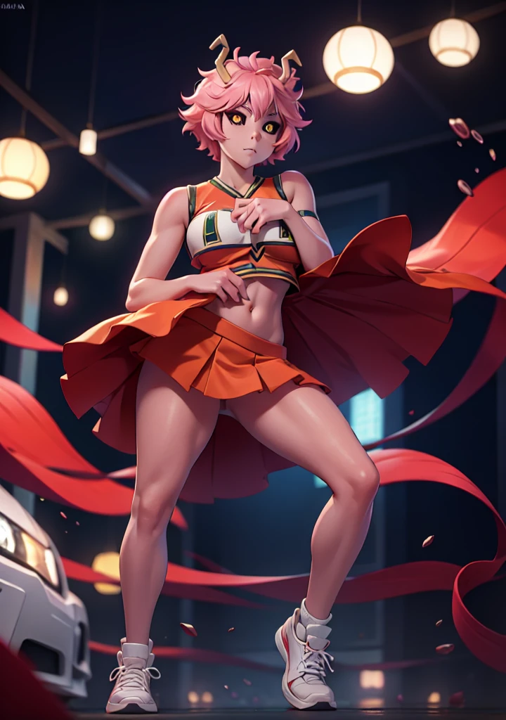 mina ashido, 1girl, solo, looking at viewer, short hair, simple background, yellow eyes, pink hair, horns, colored skin, colored sclera, black sclera, pink skin, U.A. CheerUniform, orange skirt, (bare belly), perfect shading, bare shoulders, big breasts