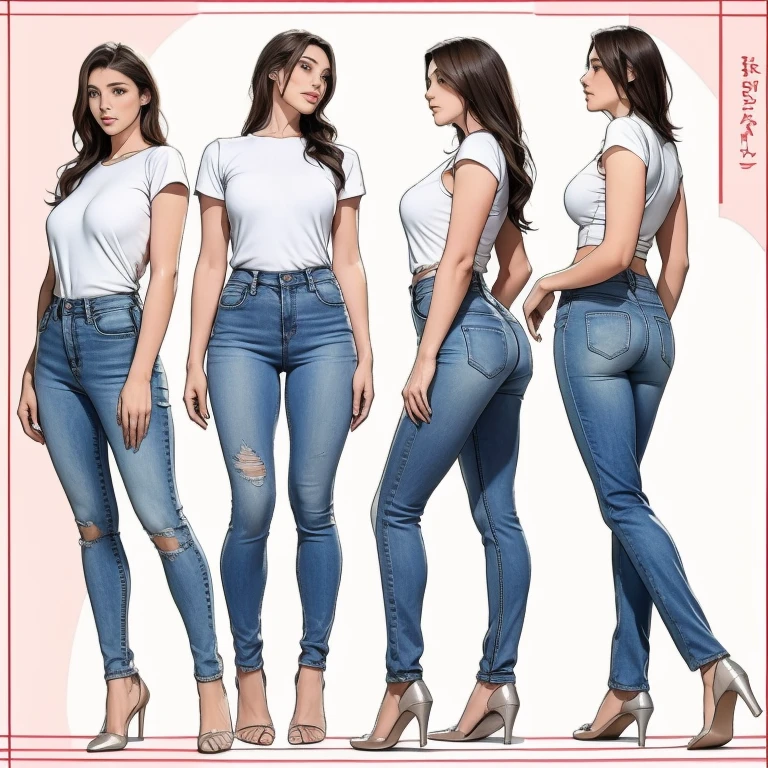 Detailed character sheet, Front view, Side view, Oblique view, with a white returnground, show women, 30 years old, with short dark brown hair combed return, Light casual clothing, Wear tight denim jeans. The seat includes different angles, Front desk etc.., return, and Side views, Model and Reference Sheets, Full body painting. The ratio is based on 7.5 Head Scale.