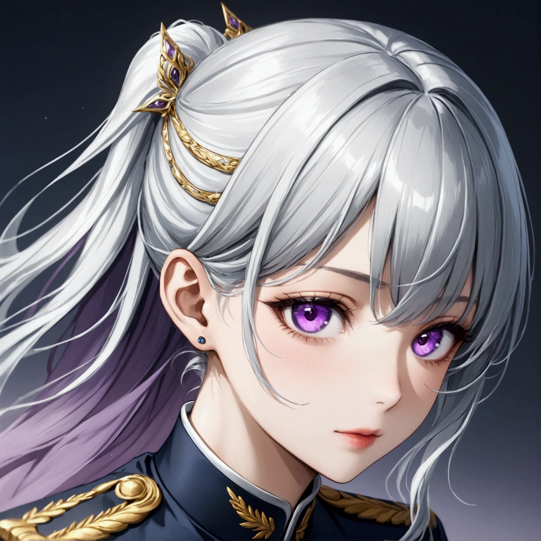Highest quality、Delicate depiction、Beautiful woman、Silver Hair、Half Up、Amethyst Eyes、Blue-gray military uniform、