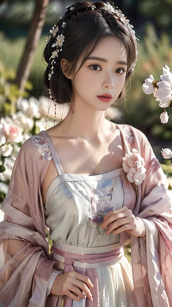 1 girl，Beautiful and moving， floral pattern， glowing skin， charming gaze， Decorative clothing， natural lighting， shallow view deep， romantic environment， dreamy pastel color palette， Whimsical details， Capture on film，(8k, original photo:1.2), best quality, ultra high resolution，CG Unity 8k Wallpaper，masterpiece，best quality，Super detailed