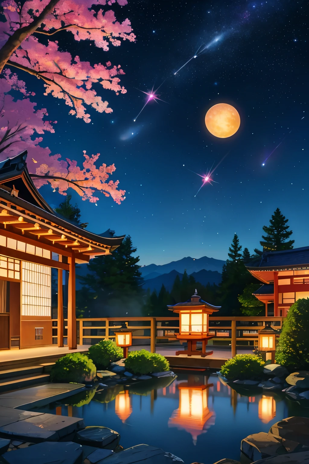 "Enchanting night scene of Tanabata festival, blending traditional Japanese elements with magical starry sky. 8K resolution.
Central focus:
The Milky Way stretching across the night sky, forming a shimmering bridge
Orihime and Hikoboshi, represented as ethereal figures made of stardust, reaching out to each other across the celestial river
A traditional Japanese temple or pagoda silhouetted against the starry backdrop
Detailed elements:
Colorful tanzaku (wish papers) fluttering from bamboo branches, some transforming into glowing fireflies
Origami cranes taking flight, leaving trails of stardust as they soar towards the Milky Way
Delicate star-shaped lanterns floating in the air, casting a soft, warm glow
Cherry blossom petals drifting on a gentle breeze, occasionally sparkling like tiny stars
Environment:
A tranquil pond reflecting the starry sky, creating a mirror image of the celestial scene
Traditional Japanese garden elements like stone lanterns and a red bridge, partially illuminated by moonlight
Distant mountains shrouded in misty clouds, their peaks touching the star-filled sky
Lighting and effects:
Soft, ethereal starlight bathing the scene in a cool, silvery glow
Warm, golden light from lanterns creating a contrast with the cooler starlight
Subtle lens flares from the brightest stars and the moon
Gentle light refraction in the atmosphere, creating a dreamy haze
Style:
Blend of realistic night sky rendering with stylized Japanese artistic elements
Rich, deep colors for the night sky contrasted with softer, pastel tones for earthly elements
Attention to fine details in both celestial and terrestrial features
Composition:
Balanced layout with the Milky Way as a central dividing line
Multiple layers of depth from foreground elements to the vast starry background
This prompt aims to capture the magical essence of Tanabata, combining the beauty of the night sky with traditional Japanese cultural elements. The resulting image should evoke a sense of wonder, roman