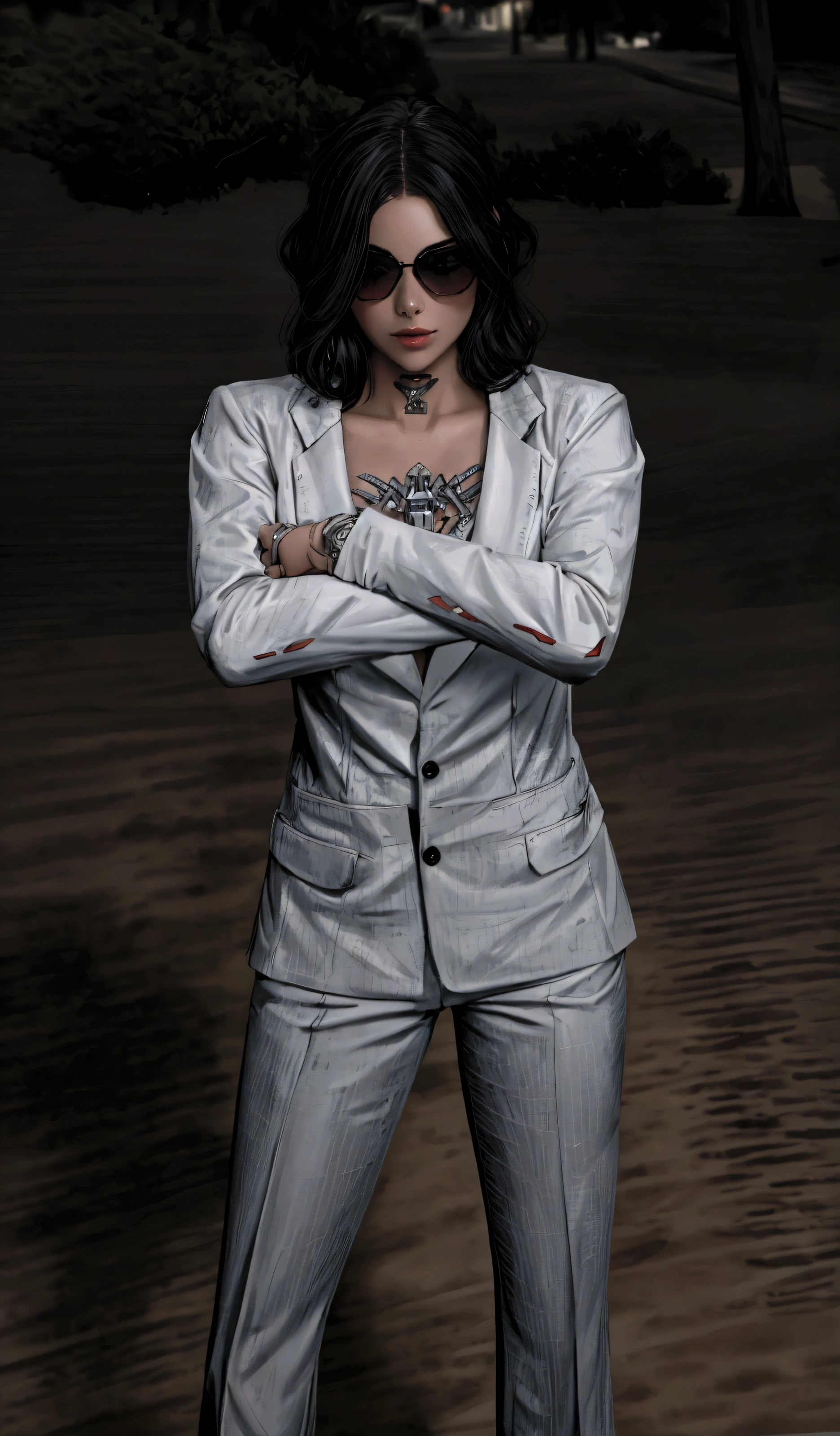 there is a woman in a suit and sunglasses posing for a picture, girl in suit, girl in a suit, wearing white suit, wearing futuristic white suit, white suit, photograph of a techwear woman, in strict suit, androgynous person, stylish suit, attractive androgynous humanoid, intricate suit, in a strict suit, wearing tight suit