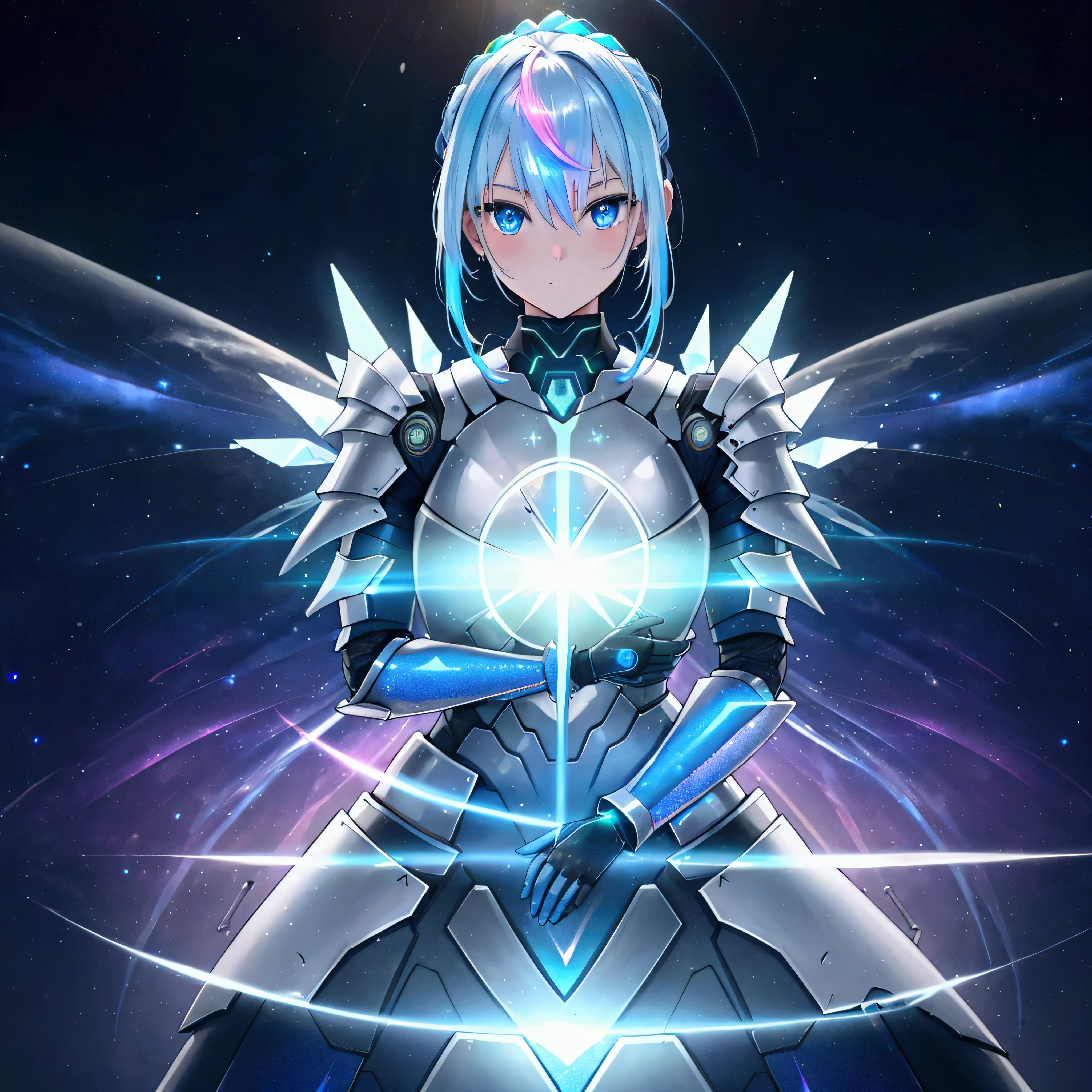 ((Holographic glow effect)),8k, Highest quality, (real:1.4), Original photo, A girl hugging a boy, Asari Hair, Biological Amplifier, refined armor, posture: Peace talks between warring factions, smart blue eyes,whole body,Vortex of Light,Band of Light,Wind of Light,(refined armor, posture: Peace talks between warring factions,Hugging a man facing backwards)