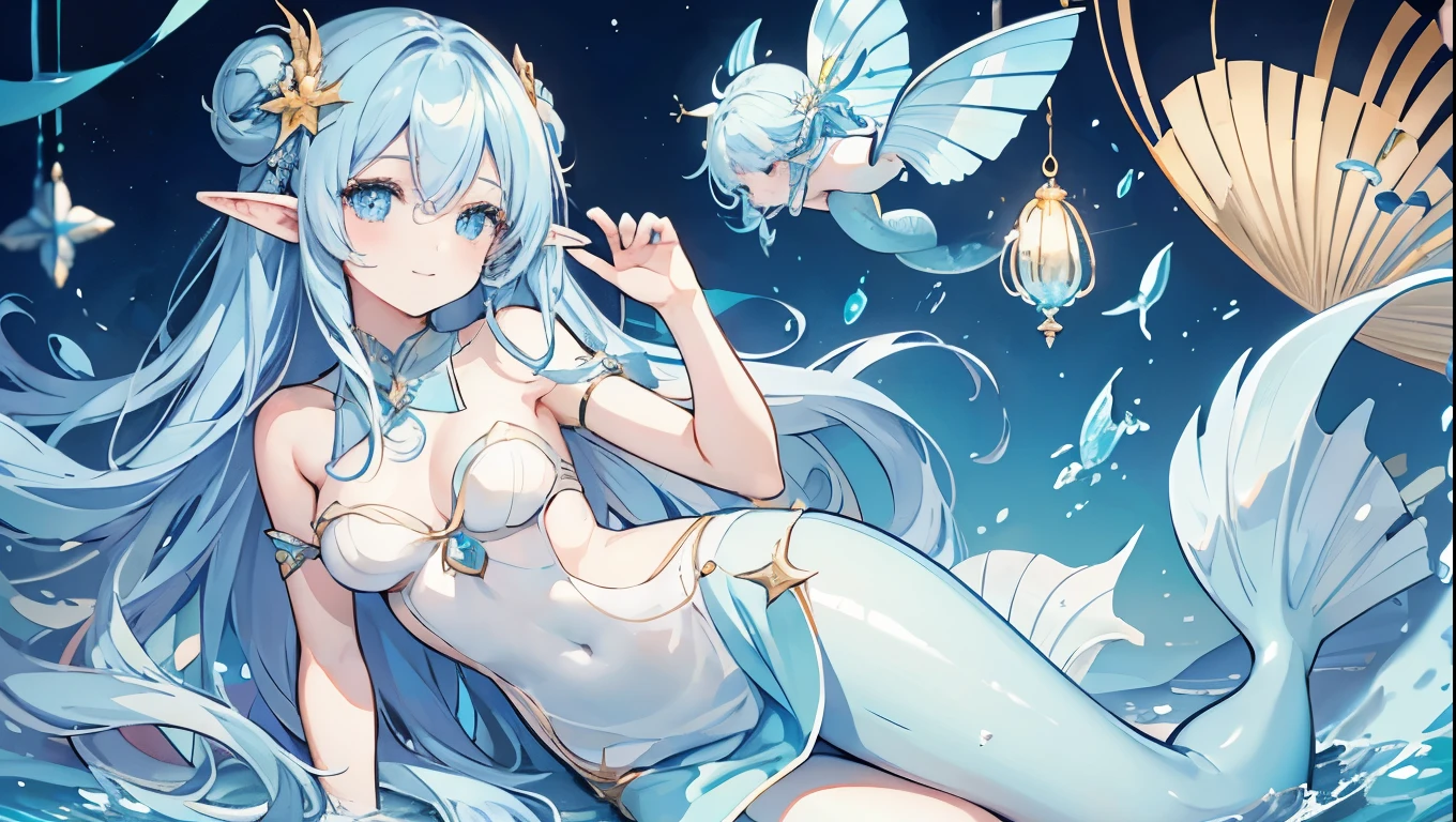 (Best picture quality:1.3),(tmasterpiece:1.3),(illustratio:1.3),(ultra - detailed:1.3),(imid shot:0.9), 1girll, Solo, Very young, The upper part of the body, Short neck, smallunderboob,child(Soak in the stream:1.2),Girl child,ahoge,eBlue eyes,Gemstone Eye,Very fine eyes,Very thin face,Keep one's mouth shut,Light smile,Eau,The fish,Mare,banya,Huafu,East Dragon