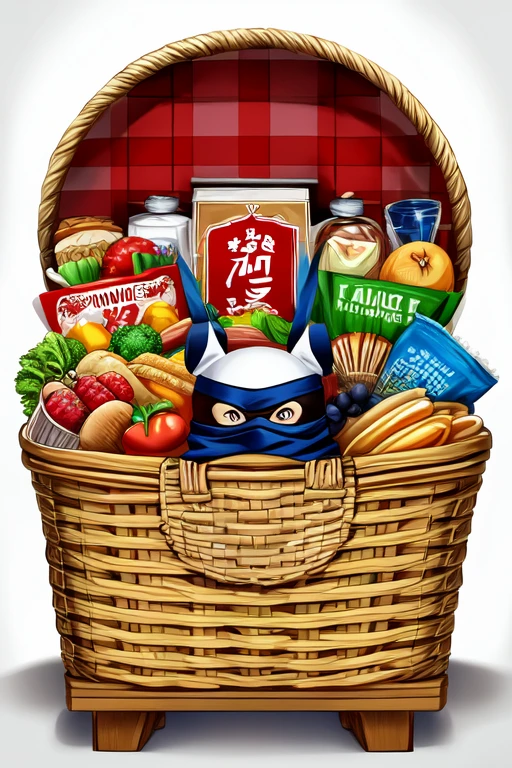 ((best quality)), ((masterpiece)), (detailed), make a caricature logo of a shopping basket, inside there is foods, the basket says ninja, blanc background