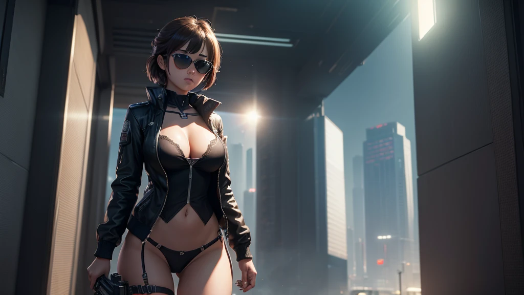 (((Masterpiece))), best quality, ultra-detailed CG unity 8k wallpaper, cyber city, tokyo, big future city at night. (1girl, solo, alone), large-breast:1.2 slim:0.9 body, cleavage:1.1, sexy micro laced lingerie with jacket, (black sunglasses), ((she raised a pistol:1.8 and shot the viewer)), dynamic pose, ((half-body thigh:0.95 level medium shot)), cinematic lighting, lens flare, ray tracing.