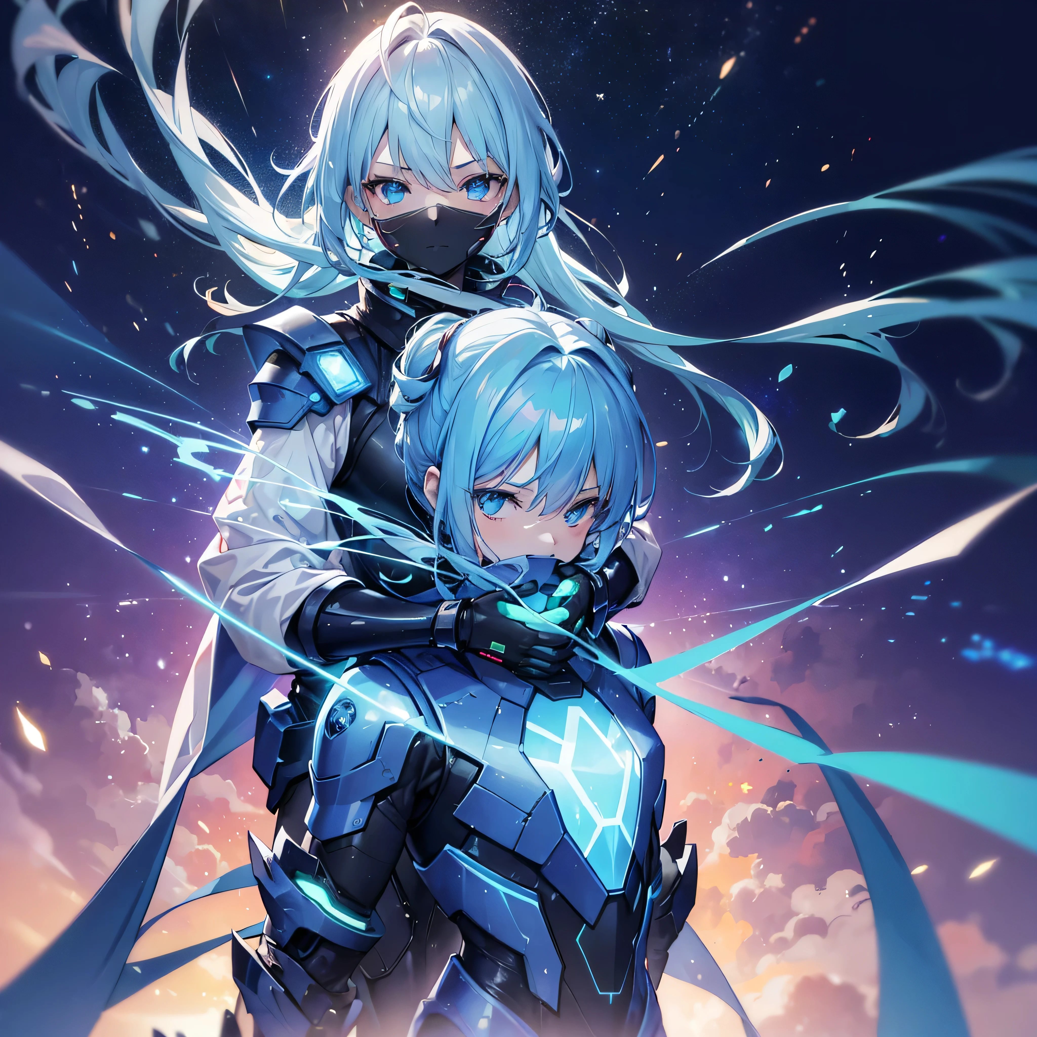 ((Holographic glow effect)),8k, Highest quality, (real:1.4), Original photo, A girl hugging a boy, Asari Hair, Biological Amplifier, refined armor, posture: Peace talks between warring factions, smart blue eyes,whole body,Vortex of Light,Band of Light,Wind of Light,(refined armor, posture: Peace talks between warring factions,Hugging a man facing backwards)