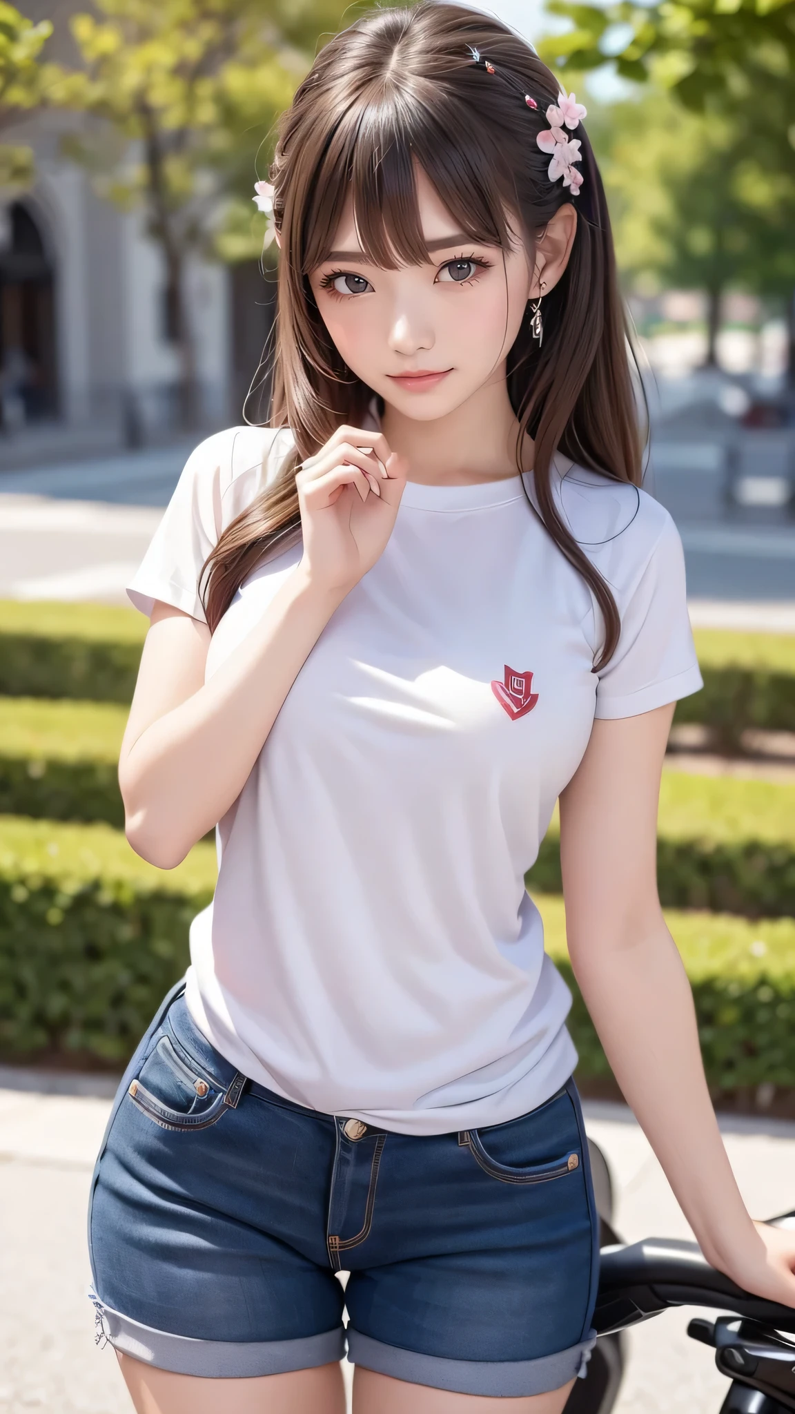 (girl riding a motorcycle:1.2),A park where cherry blossoms dance,high school girl,(random cute pose),(random hairstyle),(Highest image quality,(8K), Ultra-realistic, Best Quality, High quality, High Definition, high quality texture, high detailing, Beautiful detailed, fine detailed, extremely details CG, Detailed texture, realistic representation of face, masterpiece, presence)