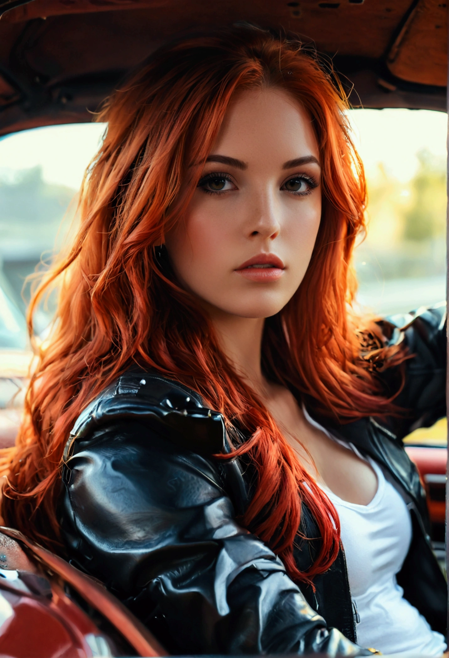 (full body shot:1) photorealistic image of a (standing pose:1) ultrarealistic, photography, long red hair, woman, 24 years old, hourglass figure, perfect body, Flirty look, natural medium breasts, blur background, she is sitting in the passenger side of a huge 16 wheeler truck, she applies red lipstick while she looks over seductively to the driver's side
