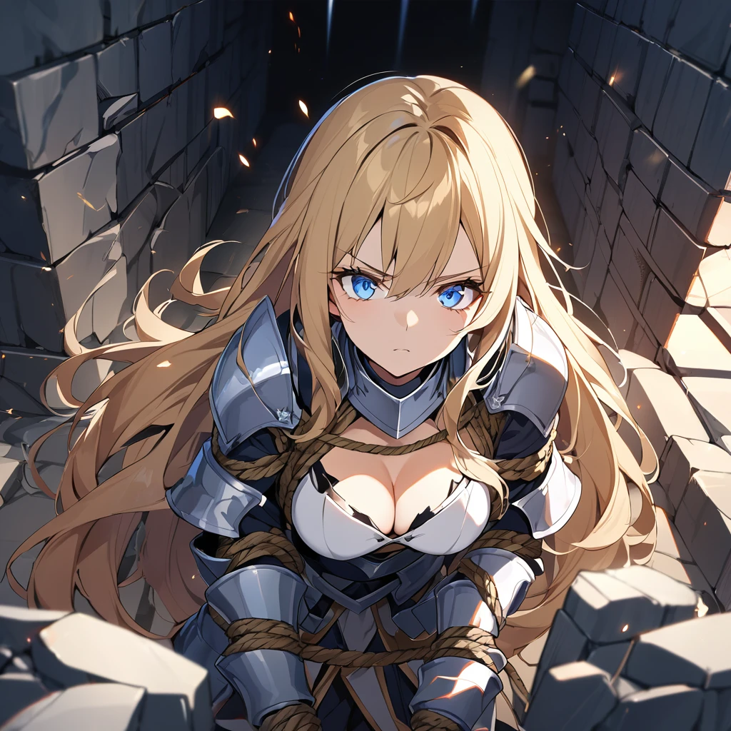 18-year-old, A beautiful woman,Cleavage,knight,Broken armor,Defiant look,Glare,Looking at this,Stone prison,Golden long hair,Blue Eyes,Wrists bound with hemp rope