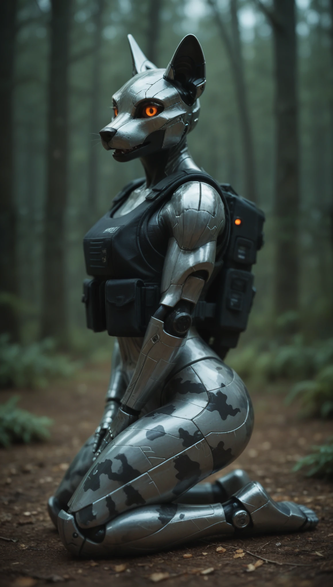 (zPDXL2), score_9, score_8_up, score_7_up, source_anime, 2d, anthro,
blocky angular mechanical robotic jackal head and breasts, black body, sharp glowing orange eyes, looking at viewer, full body portrait, kneeling, mechanical clawhands, ((wearing bulletproof vest and digital_camouflage)), tilting head towards viewer, side view, pitching chin up, slight open mouth, metallic sheen, forest background, blue sky,
, AissistXLv2, unaestheticXL_bp5, SimplePositiveXLv2, zPDXL2 PonyXLV6_Scores