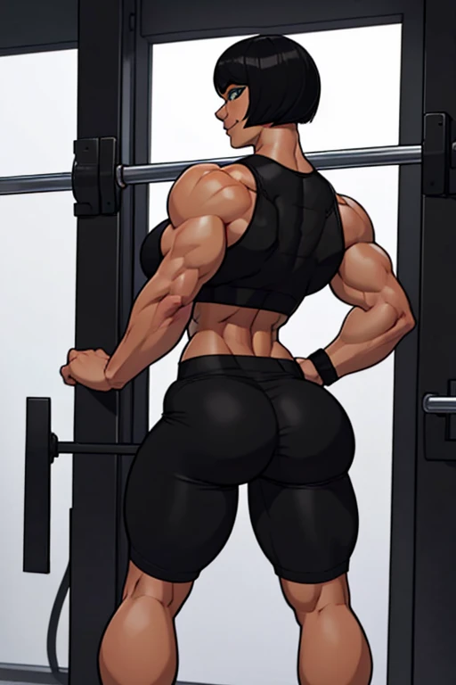 view from behind, 25 yo extremely muscular woman, flawless perfectly trained body, zero body fat, mighty and hypermuscular professional female bodybuilder, dominant sadistic woman, great muscle definition, short black bob haircut, pale skin, green eyes, wearing black crop top and tight black shorts, slight cold smile