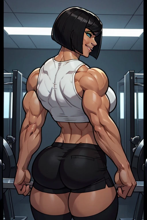 view from behind, 25 yo extremely muscular woman, flawless perfectly trained body, zero body fat, mighty and hypermuscular professional female bodybuilder, dominant sadistic woman, great muscle definition, short black bob haircut, pale skin, green eyes, wearing black crop top and tight black shorts, slight cold smile