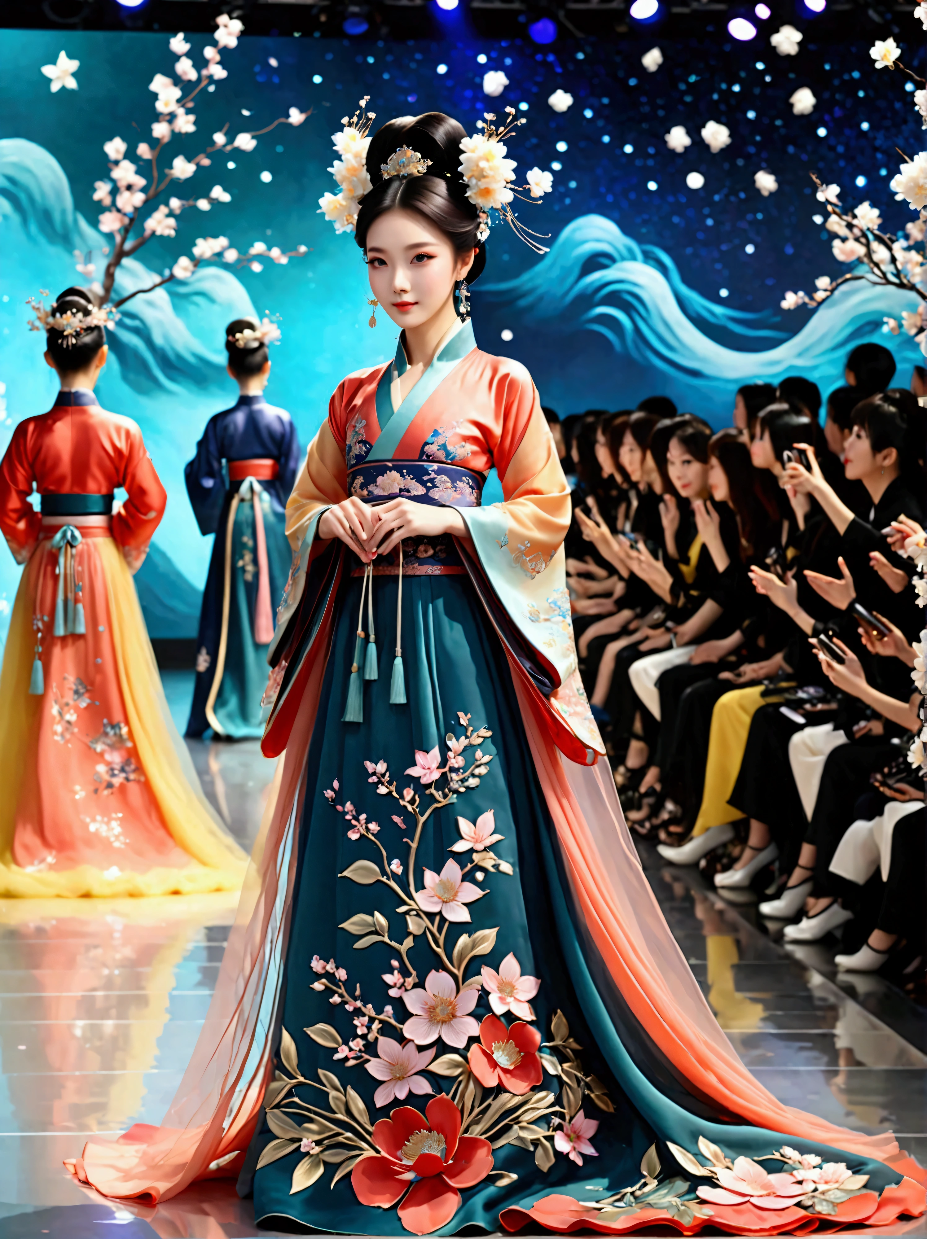 by Julien Arnal,Abstract Pictorial,Cartoon illustration,Sequins,Ambilight,Healing gouache,Starry Sky,Dark night shimmer,Youth Manga,Bright tones,gorgeous,Beautiful illustrations,Morandi color tone,Beautiful model catwalk,Performing dance steps。Wearing Ming Dynasty Hanfu,玫瑰Long skirt,Princess dress,gorgeous复古宫廷风格连衣裙,Long skirt,超Long skirt,- Wide hem,Long skirt下摆接近地面,The style is a high-end dress from the Hanfu Fashion Week,Haute couture,Private custom,Fashion show model,Big show,Tulle accessories on skirt。Necklace on the neck,short hair,Hair up,Headdress,big eyes,It's beautiful,((There was only one female model on the catwalk)),Men and women make up a large part of,The runway is covered with flowers,Background covered with flowers,Female model with a smile on her face,Standing,Elegant and dignified posture,8k,Ultra HD,masterpiece,precise,Textured Skin,High Detail,Best quality,Awards,Long Shot,Sense of distance,(Vector illustration:1.5)