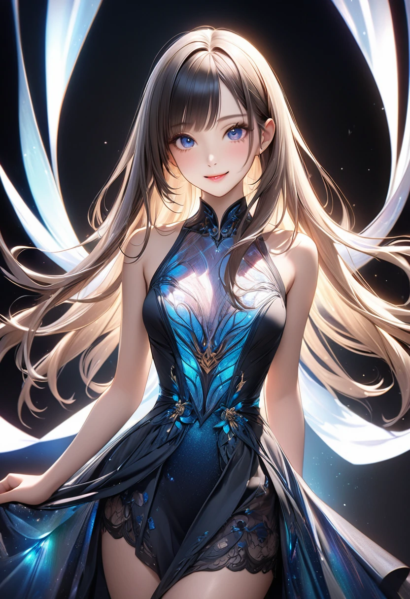 
                 Detailed and vivid depiction of beautiful girl posing as a model for photo (dynamic)棕色long hair女子 服装模特( perfect anatomy ) face detailed face. realistic eyes. The face and eyes are very detailed.


                       Delicate skin.、Delicate skin texture smile, long hair,  Fantasy fashion dress glow,, Elegant and flying silk holographic dress , 46-point slanted bangs, dark shadow background, black soft light, 

                           Professional photography master&#39;artwork, texture, complicated, Clear, High-quality masterpieces，Extremely complicated and exquisitely detailed,

                                  Super detailed, Super detailed digital art