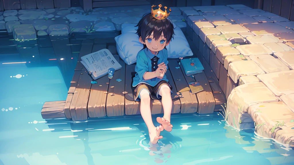 4K, (Masterpiece:1), Blue hair and shiny little boy, Glowing cyan eyes and bare feet, Arms up, Epic, Cinematic, Young, Boy, , small, toddlers, tiny feet, focus on feet, Feet, Blushing, (Young:1.4), (child:1.4), (Shota:1.4), (Male:1.4), (Boy:1.4), (royal garb:1.4), (Epic:1.4), (posing on a:1.4), (Cinematic:1.4), (King:1.4), (royalti:1.4), (Happy expression:1.4), (Foot:1.5)