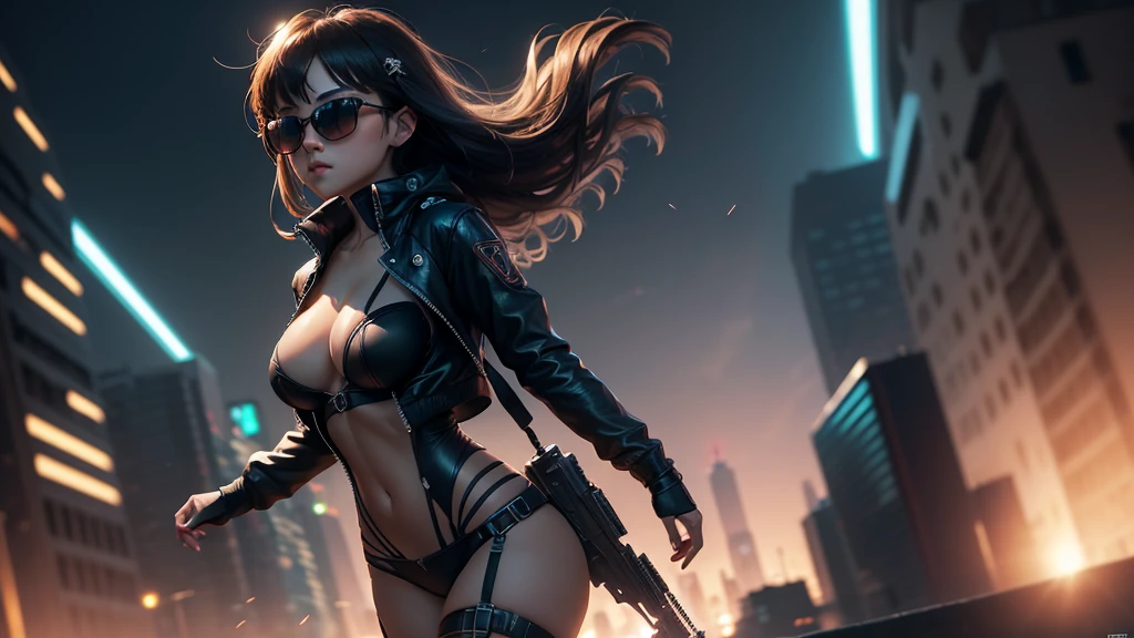 (((Masterpiece))), best quality, ultra-detailed CG unity 8k wallpaper, cyber city, tokyo, big future city at night. (1girl, solo, alone), large-breast:1.2 slim:0.9 body, cleavage:1.1, sexy micro laced lingerie with jacket, (black sunglasses), ((she raised a pistol:1.8 and shot the viewer)), dynamic pose, ((half-body thigh:0.95 level medium shot)), cinematic lighting, lens flare, ray tracing.