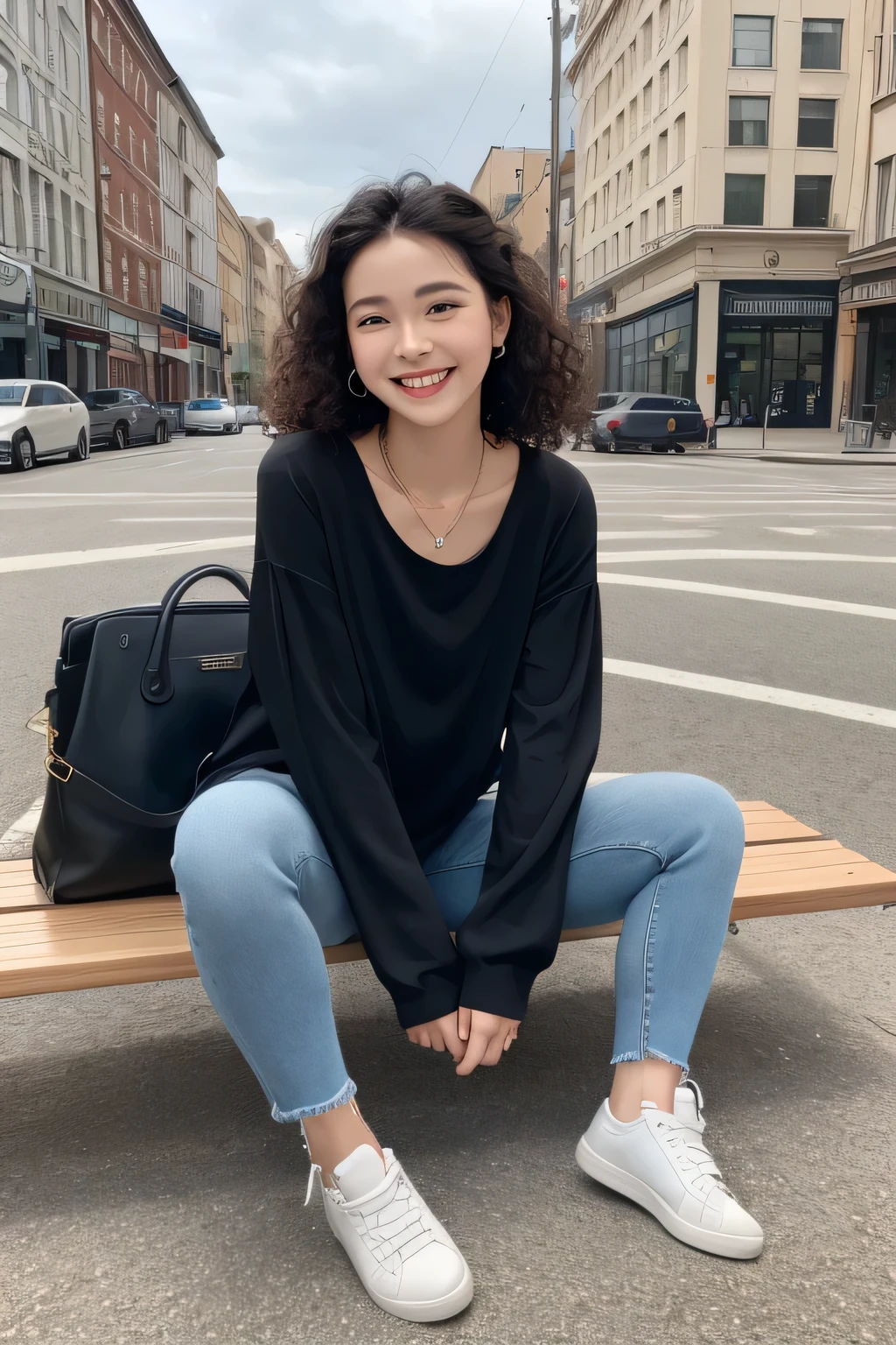 Highest quality, woman sitting on a bench、Full body photo、,smile、Beautiful teeth alignment、Curly Hair、Black Hair、Dark eyeliner、、Long sleeve blouse、Skinny jeans、sneakers、ear piercing、necklace, , Face Focus、The background is the building&#39;s corridor.