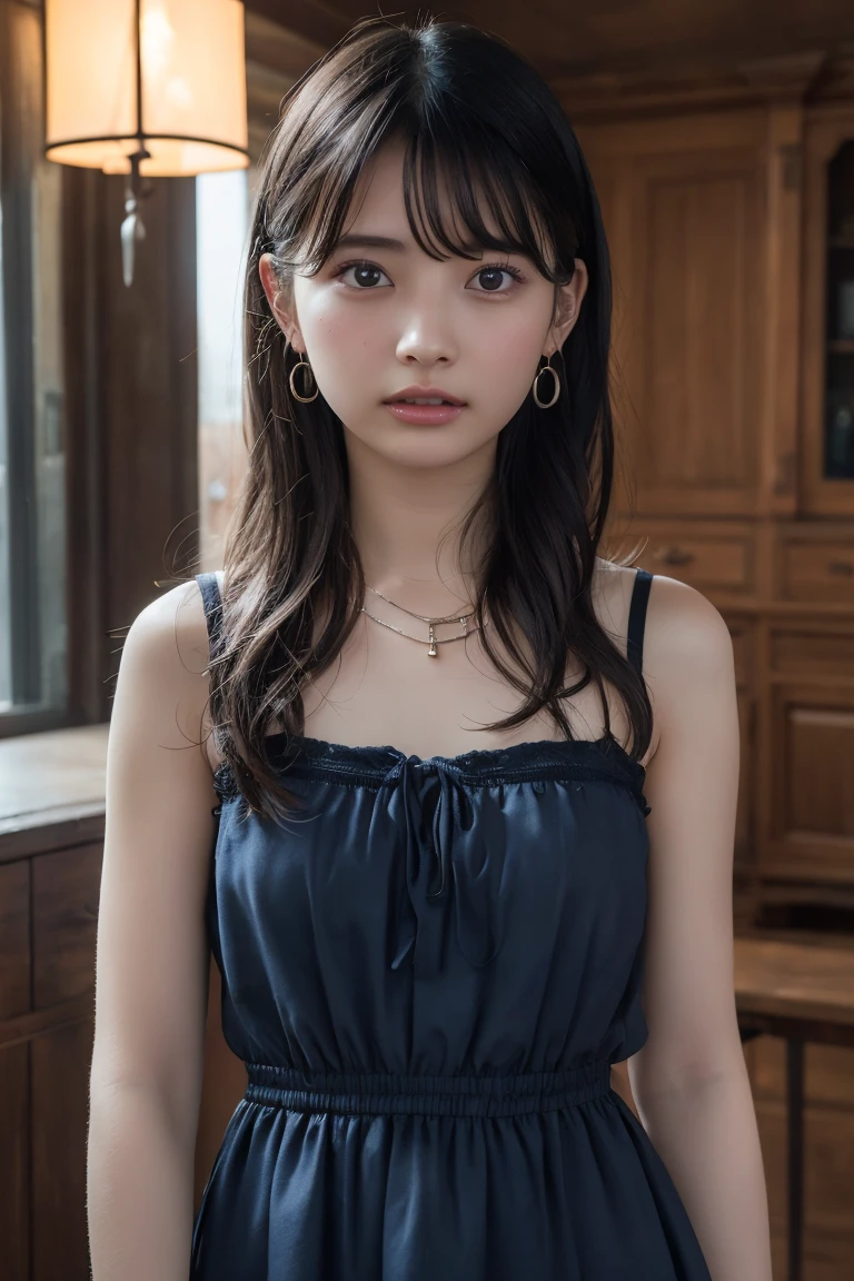 (Highest quality:1.4),(masterpiece:1.4),(Realistic:1.4),(Realistic:1.2),(超High resolution, RAW Photos:1.4),(High resolution, Ultra-detailed:1.2),(8K:1.2),View your viewers,Cinematic photography,One girl,skeletally correct,Black-haired woman,(Small earrings,necklace,Checkered tube top dress,Beautiful body lines,View from the front),(Western-style building interior,Dimly lit room,The lamplight shines on my cheeks)
