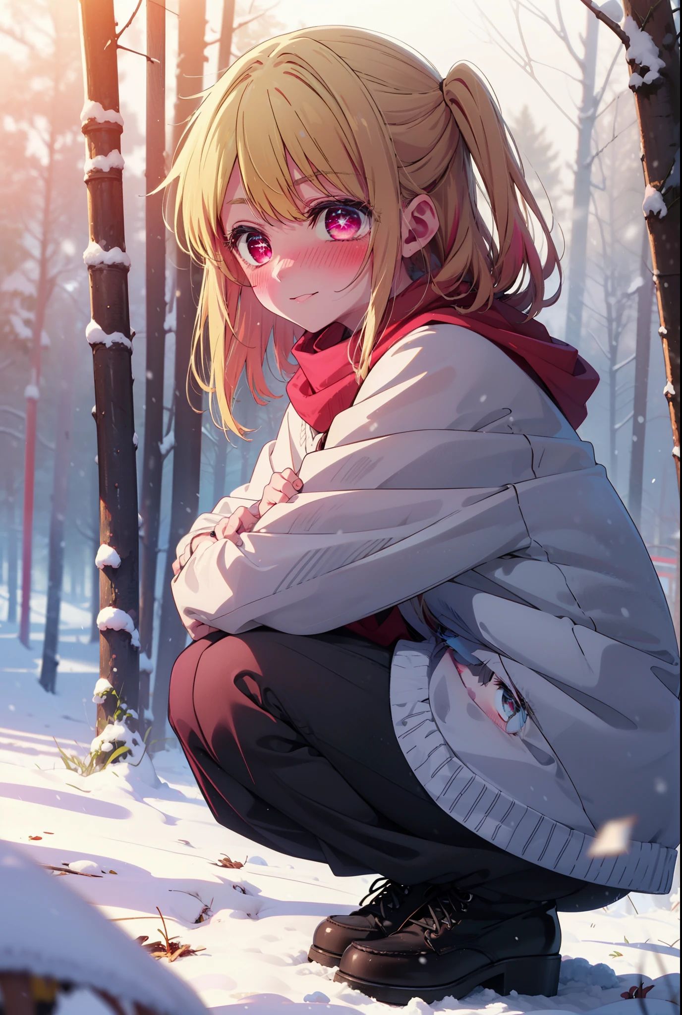 rubyhoshino, Hoshino Ruby, Long Hair, bangs, blonde, (Pink Eyes:1.3), Side Lock, (Symbol-shaped pupil:1.5), Multicolored Hair, Two-tone hair, smile,,smile,blush,white breath,
Open your mouth,snow,Ground bonfire, Outdoor, boots, snowing, From the side, wood, suitcase, Cape, Blurred, , forest, White handbag, nature,  Squat, Mouth closed, Cape, winter, Written boundary depth, Black shoes, red Cape break looking at viewer, Upper Body, whole body, break Outdoor, forest, nature, break (masterpiece:1.2), Highest quality, High resolution, unity 8k wallpaper, (shape:0.8), (Beautiful and beautiful eyes:1.6), Highly detailed face, Perfect lighting, Highly detailed CG, (Perfect hands, Perfect Anatomy),