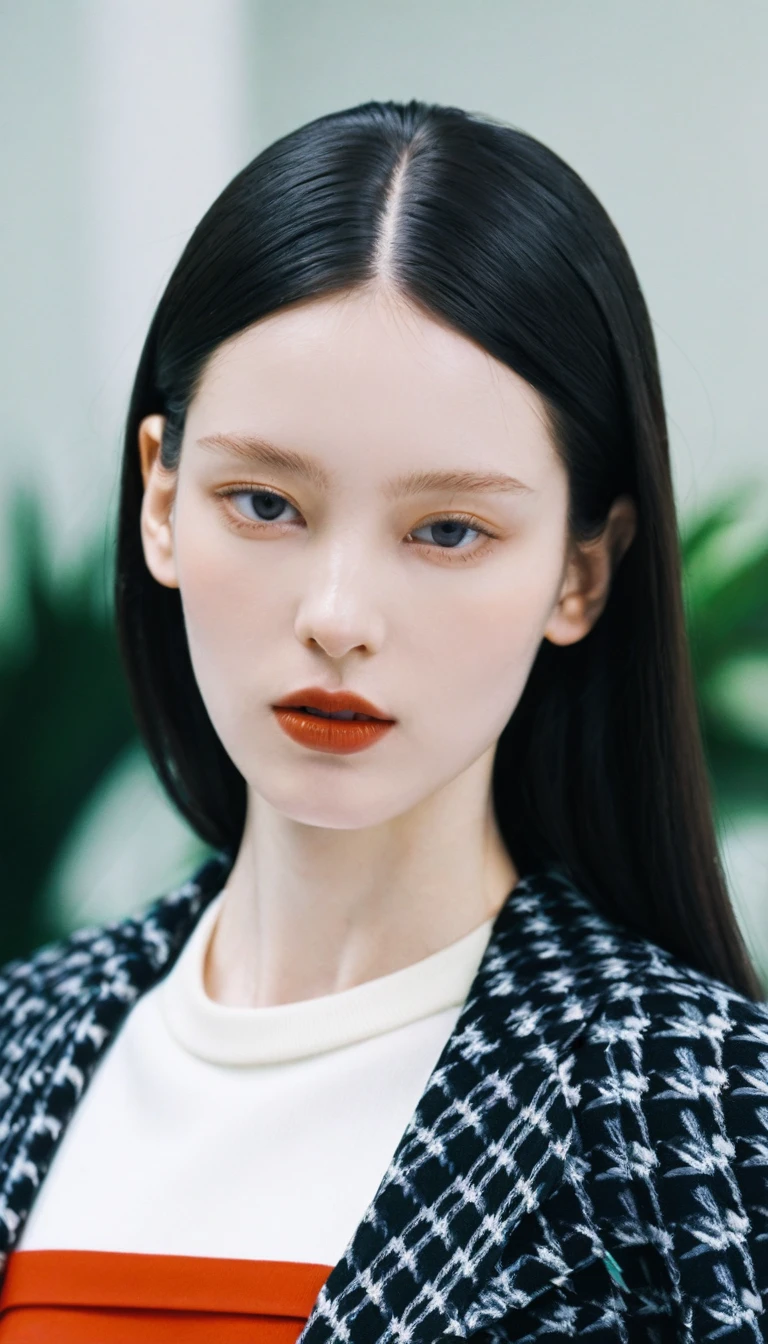 1girl,black_hair,Balenciaga model,looking at viewer,pale skin,blurry_background,realistic,solo,upper_body,