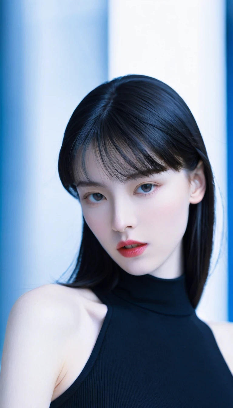 1girl,black_hair,Balenciaga model,looking at viewer,pale skin,blurry_background,realistic,solo,upper_body,