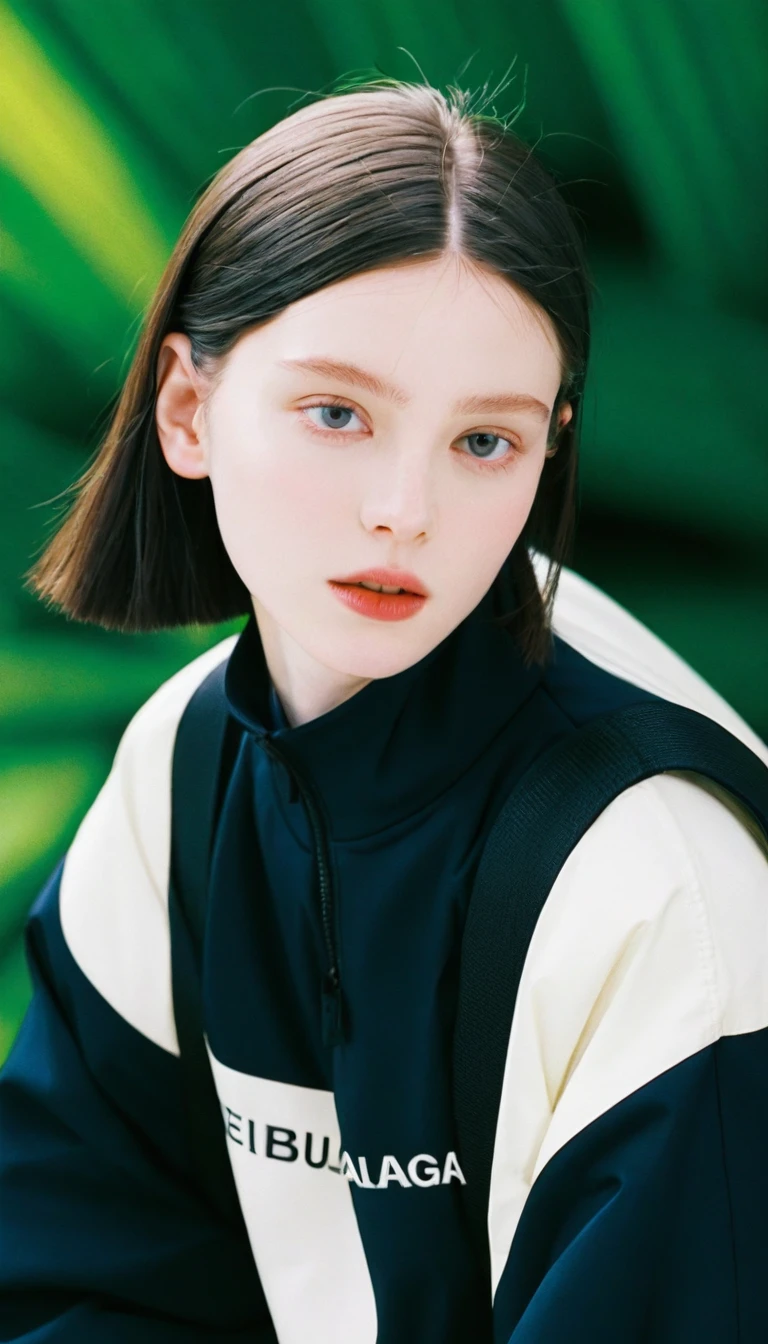 1girl,black_hair,Balenciaga model,looking at viewer,pale skin,blurry_background,realistic,solo,upper_body,