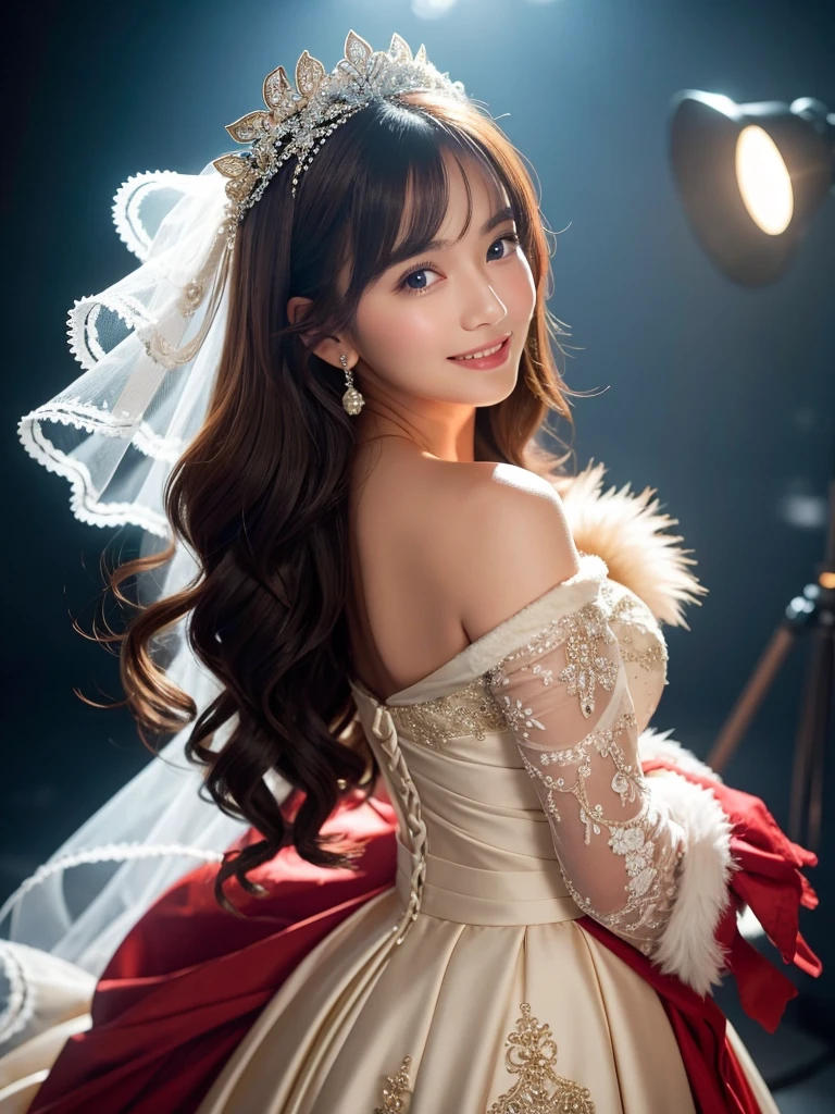 A cinematic masterpiece captures the breathtaking beauty of a stunning bride. Facing the camera with a flawless face, her bright blue eyes shine like precious gems. Her plump lips curve into a joyful smile, framing her alluring female form beneath an off-the-shoulder wedding dress adorned with a majestic headdress. Against a dark background, she exudes happiness as cowboy-themed studio lights radiate an energetic atmosphere, illuminating every detail in high resolution. The focus is sharp, highlighting the intricate details of her outfit, from the delicate patterns to the subtle texture of the fur trim. A stunning portrait of Anna Dittman-like beauty, dressed in a fitted red and white dress with fur trim, wide sleeves, and gloves, set against a darker bokeh background. Her long ash-brown hair cascades down her back as she gazes directly at the viewer with a captivating smile.