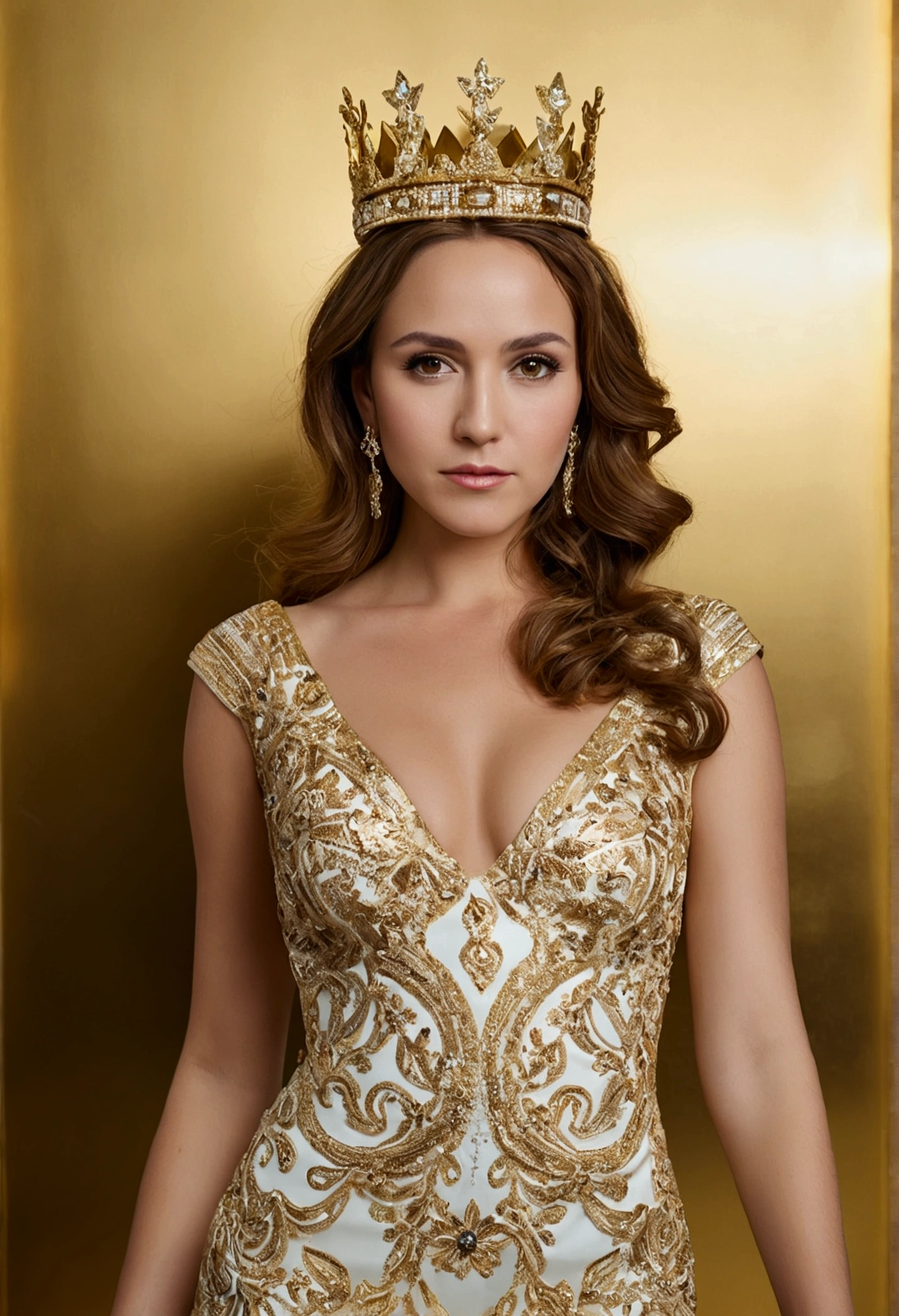 Woman in gold dress with white tones, linda, 30 year old woman, gold crown on the forehead, big butt, good legs, looking at the viewer very well detailed