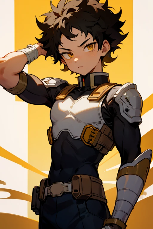 1boy, My hero academia, Small curly hair, Yellow eyes, 19 years old, light brown skin.