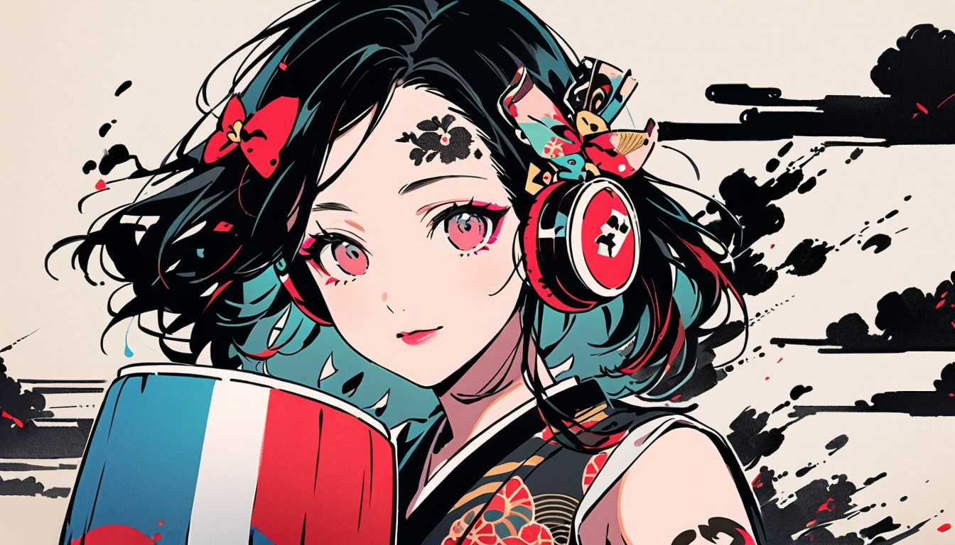 (((Ink Painting))), Fashion portrait color photos, (((1 girl))), (((Tattoo in the center of the forehead))), (((Very flashy hair accessories))), (((Very flashy makeup))), Japanese style headphones, Japanese drum, Japanese beautiful girl, Black Hair, Delicate and precise, Modern ukiyo-e style, Japanese flag