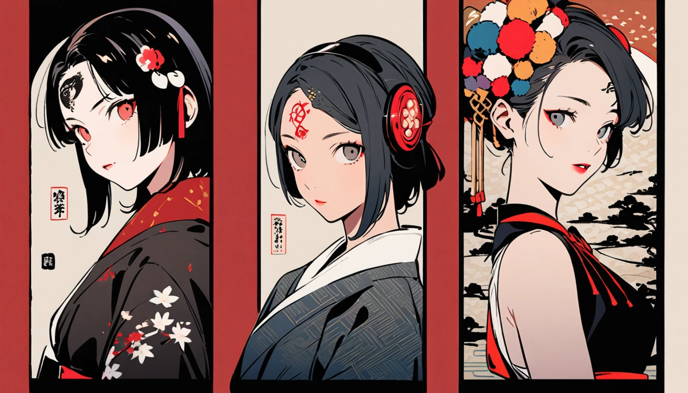 (((Ink Painting))), Fashion portrait color photos, (((1 girl))), (((Tattoo in the center of the forehead))), (((Very flashy hair accessories))), (((Very flashy makeup))), Japanese style headphones, Japanese drum, Japanese beautiful girl, Black Hair, Delicate and precise, Modern ukiyo-e style, Japanese flag